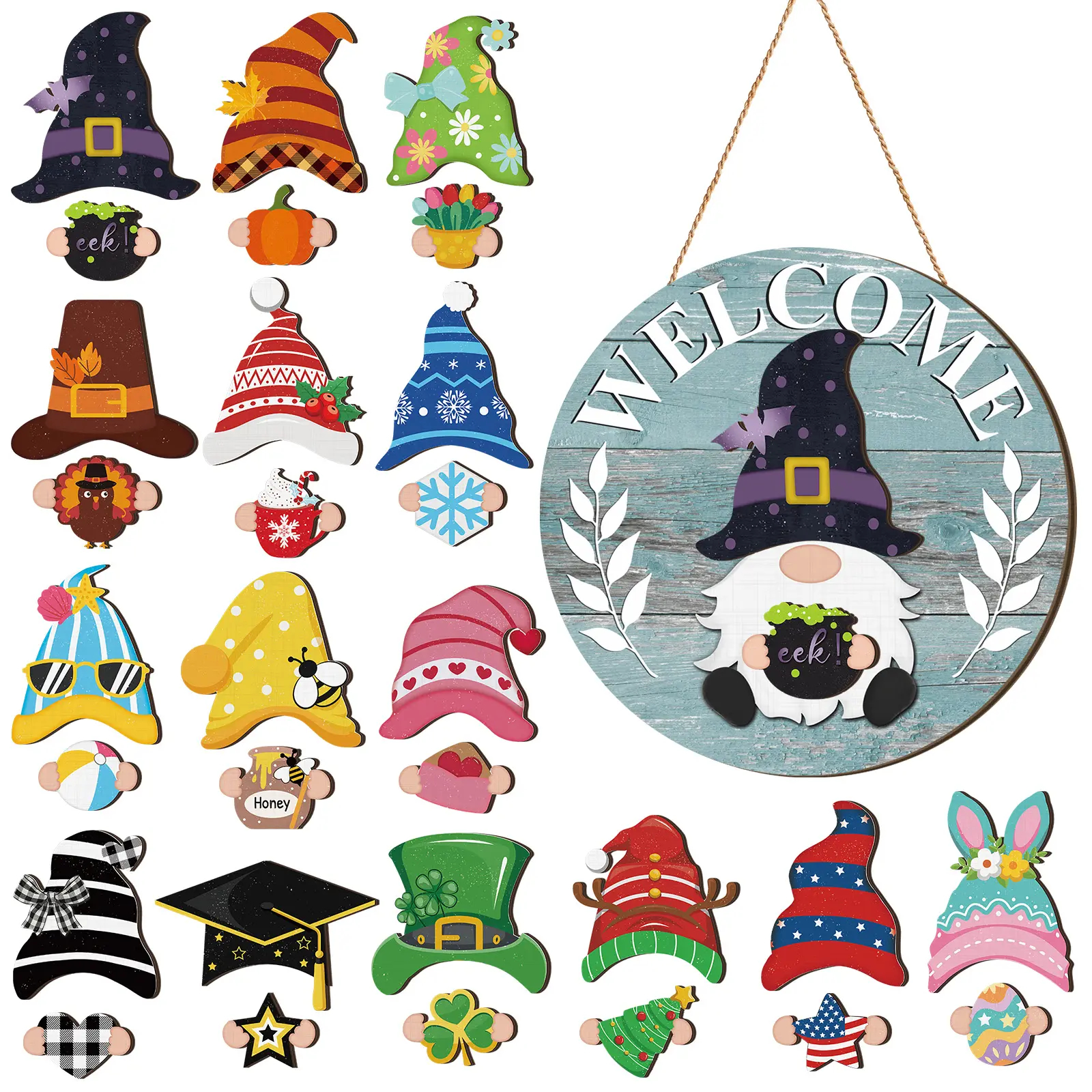 Interchangeable Hat Gnome Welcome Sign – Magnetic Wooden Door Hanging for Halloween, Christmas & Fall