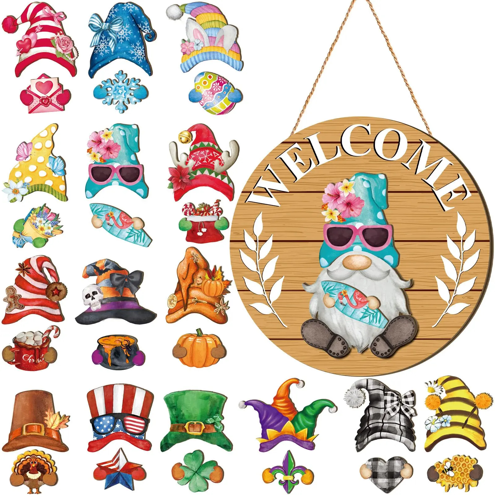 Interchangeable Hat Gnome Welcome Sign – Magnetic Wooden Door Hanging for Halloween, Christmas & Fall