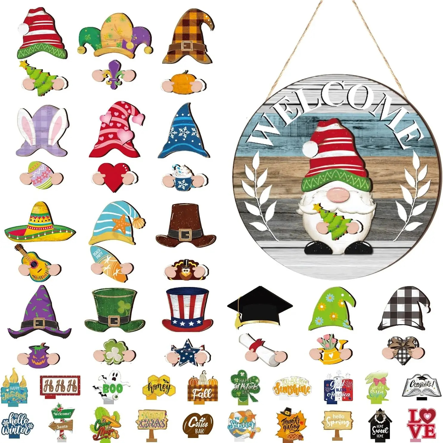 Interchangeable Hat Gnome Welcome Sign – Magnetic Wooden Door Hanging for Halloween, Christmas & Fall