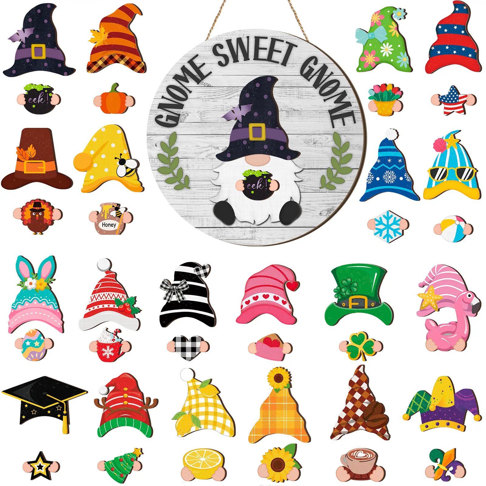 Interchangeable Hat Gnome Welcome Sign – Magnetic Wooden Door Hanging for Halloween, Christmas & Fall