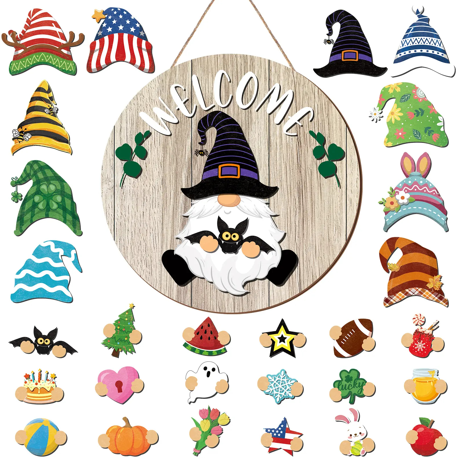 Interchangeable Hat Gnome Welcome Sign – Magnetic Wooden Door Hanging for Halloween, Christmas & Fall