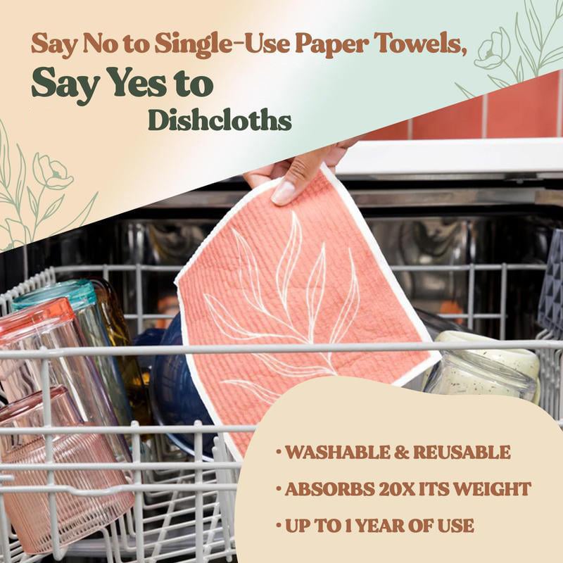✨5 Pack Swedish Dishcloths, Reusable Eco-Friendly Cellulose Kitchen Cleaning Cloths, Ultra Absorbent Washable Dish Rags for Washing Dishes & Counter Wiping