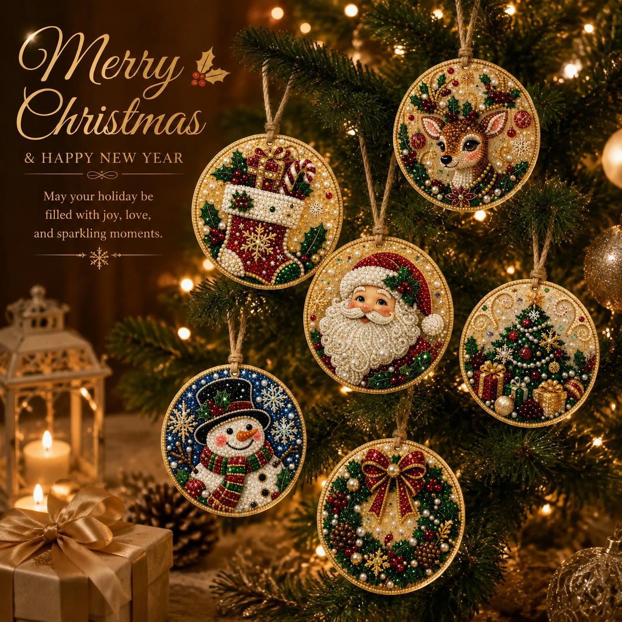 6Pcs/12Pcs Christmas DIY Diamond Painting Ornaments Kit, Xmas Tree Hanging Pendant, Handmade Craft Decoration Gift for Holiday Home Party