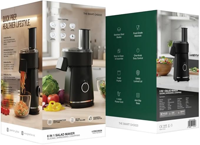 6 in 1 Electric Salad Maker 200W Multifunctional Food Processor, 900ml Bowl, 6 Stainless Steel Blades, Slicing Shredding Chopping, Safety Lock Anti-Slip Base, Black