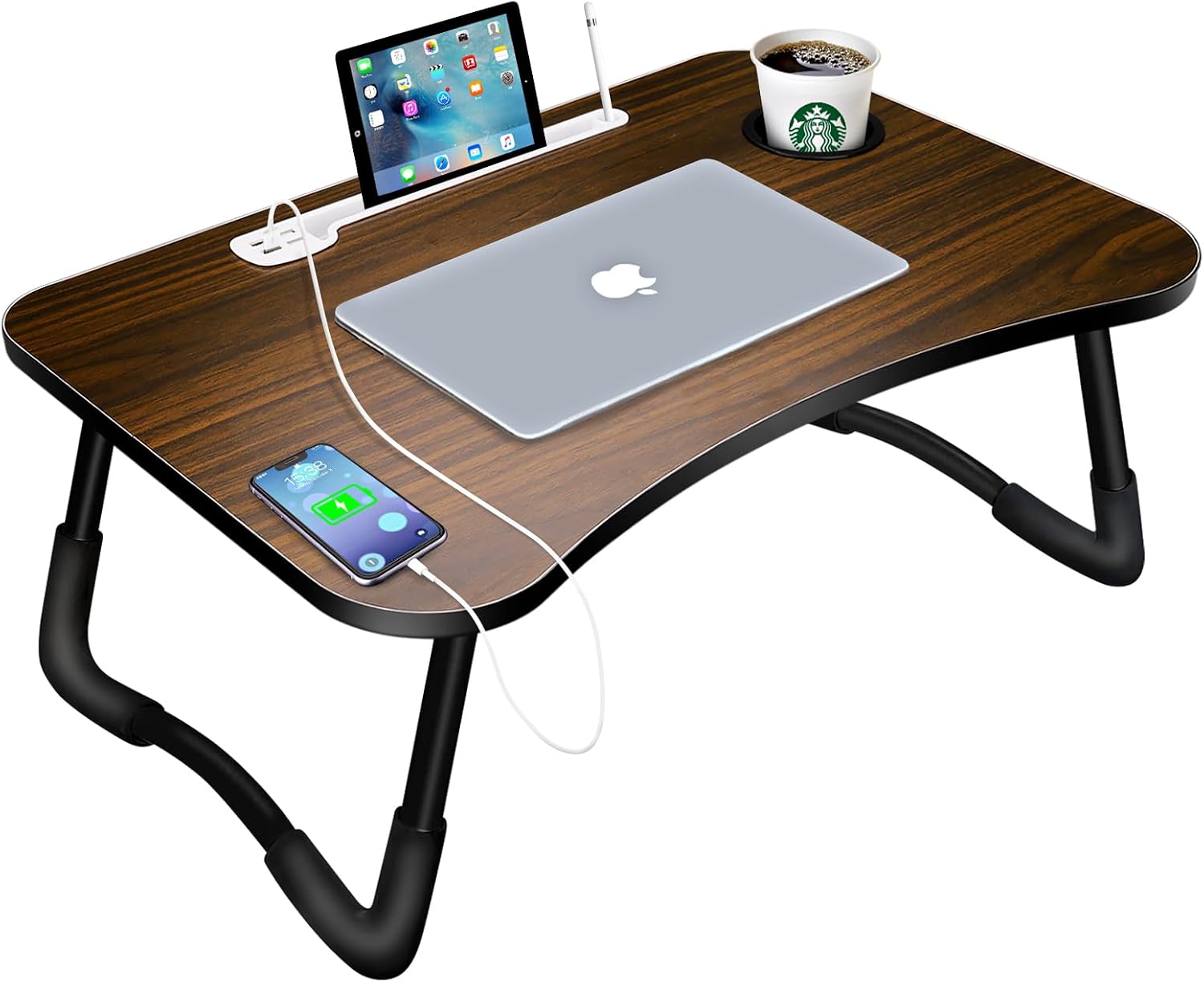 Wood Tone Foldable Laptop Bed Tray 60×40cm, Large Portable Lap Desk with USB Ports, Drawer & Cup Holder for Sofa Floor Study Dining