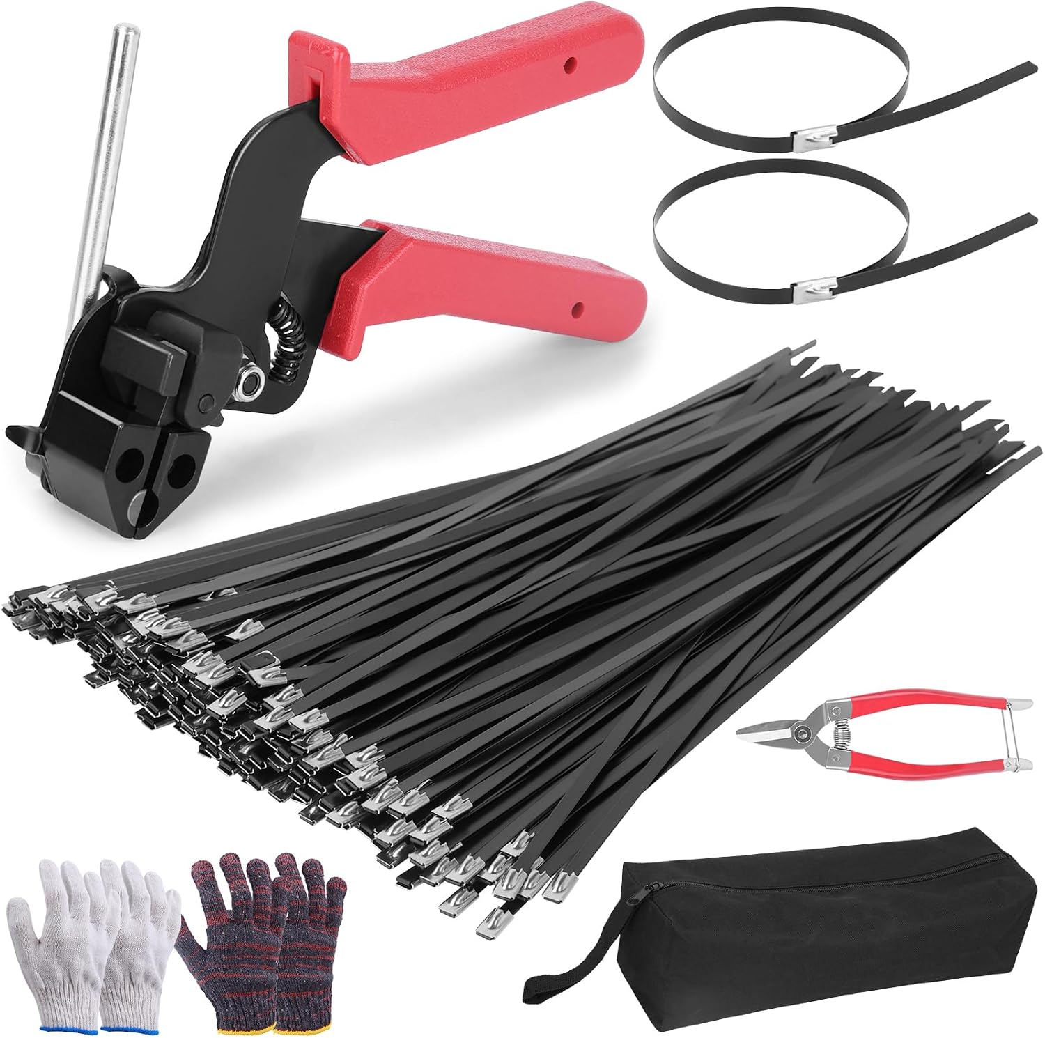  Metal Zip Ties Gun Kit, 6/8/12 Inch Heavy Duty Metal Zip Ties, Multi-Purpose Self-Locking Cable Tie Tool Set for Vehicles Farms Plants Fences Pipe Bundling, Scissors