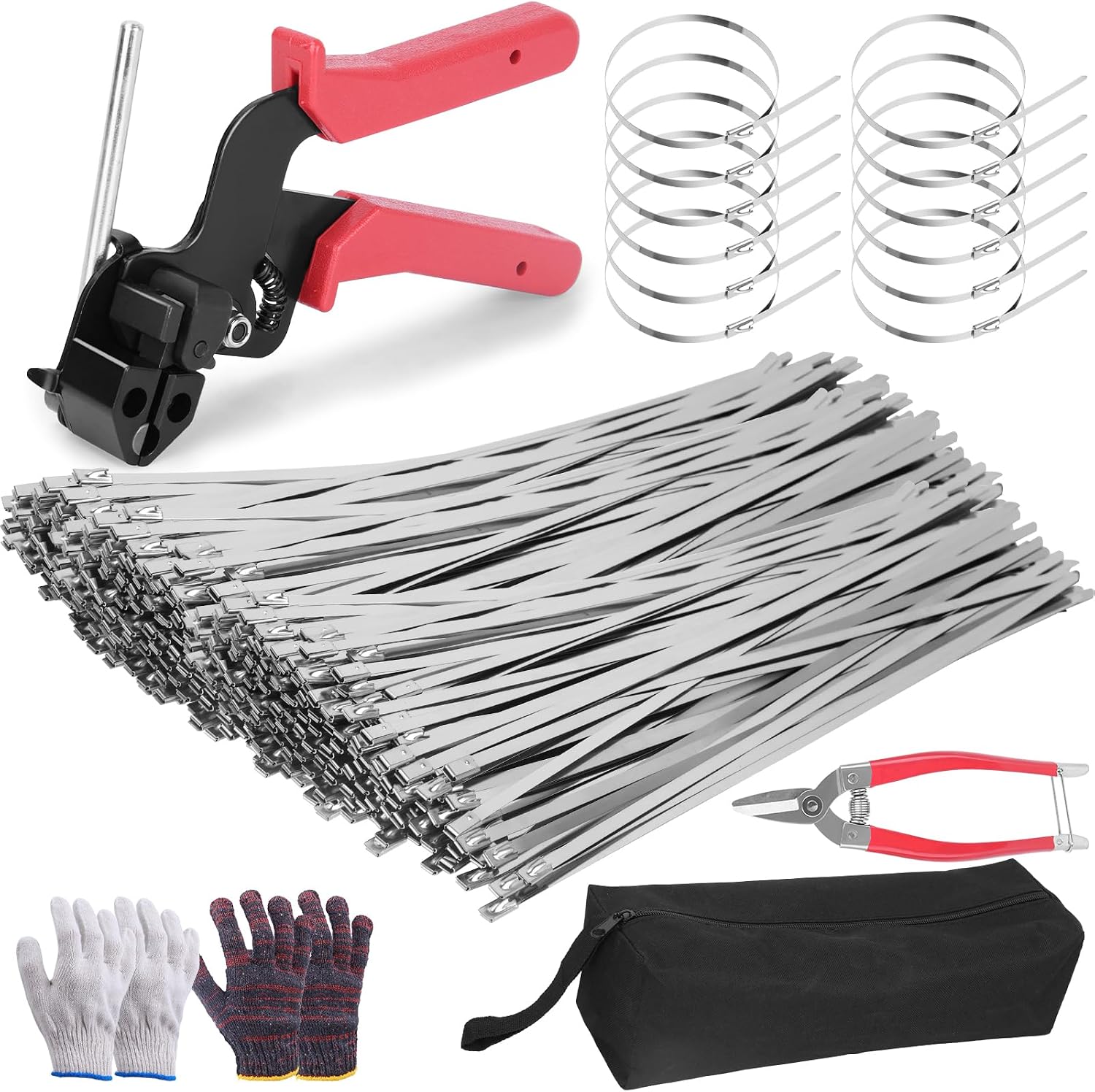  Metal Zip Ties Gun Kit, 6/8/12 Inch Heavy Duty Metal Zip Ties, Multi-Purpose Self-Locking Cable Tie Tool Set for Vehicles Farms Plants Fences Pipe Bundling, Scissors