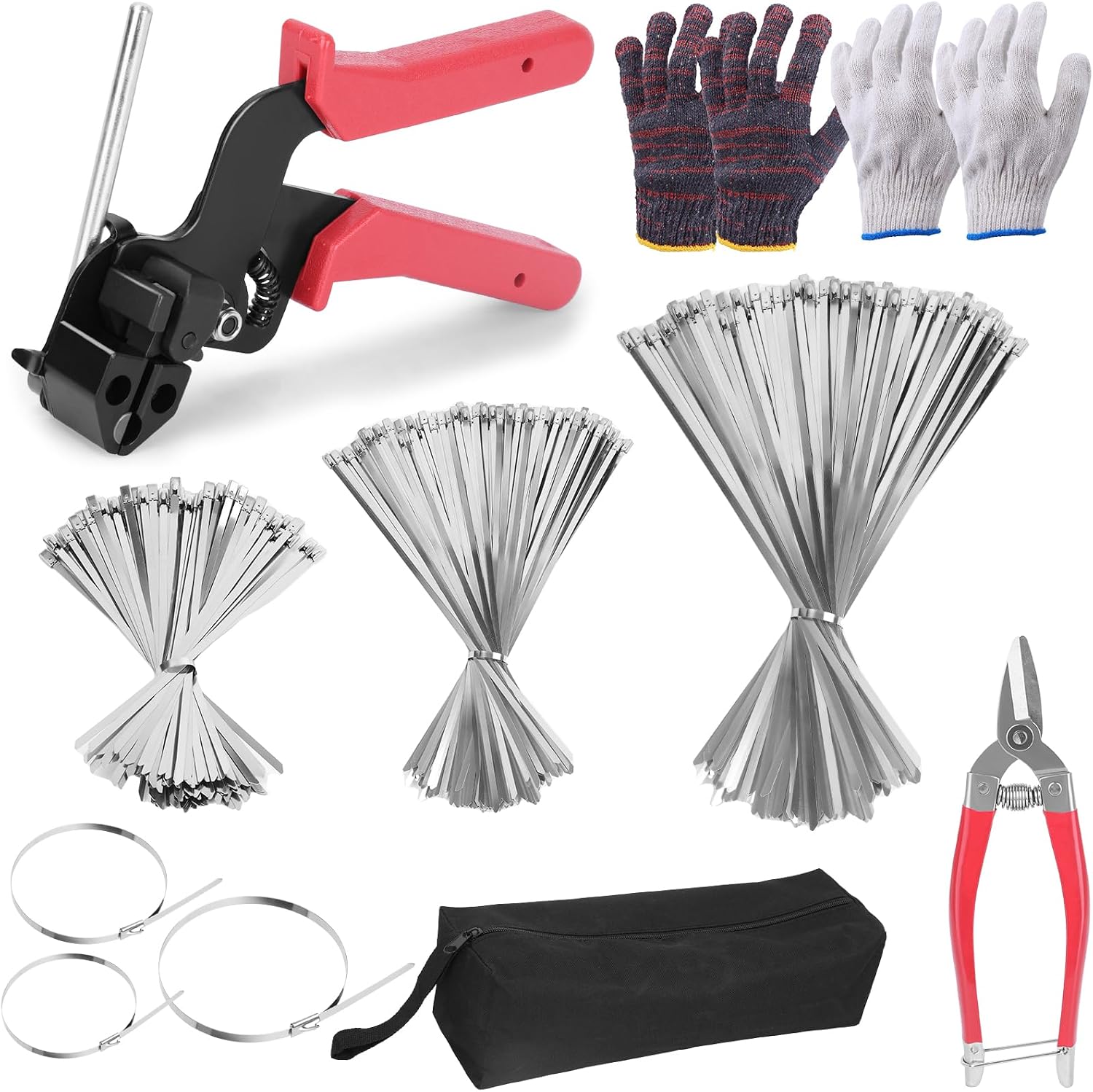  Metal Zip Ties Gun Kit, 6/8/12 Inch Heavy Duty Metal Zip Ties, Multi-Purpose Self-Locking Cable Tie Tool Set for Vehicles Farms Plants Fences Pipe Bundling, Scissors