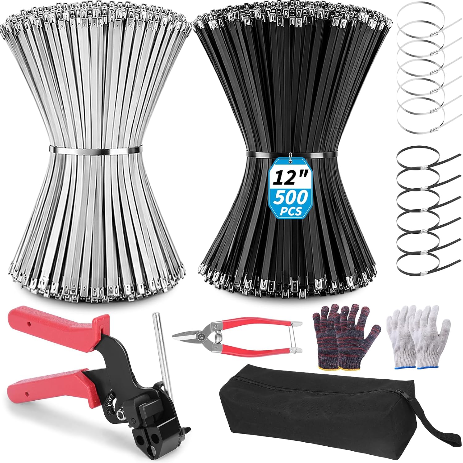  Metal Zip Ties Gun Kit, 6/8/12 Inch Heavy Duty Metal Zip Ties, Multi-Purpose Self-Locking Cable Tie Tool Set for Vehicles Farms Plants Fences Pipe Bundling, Scissors