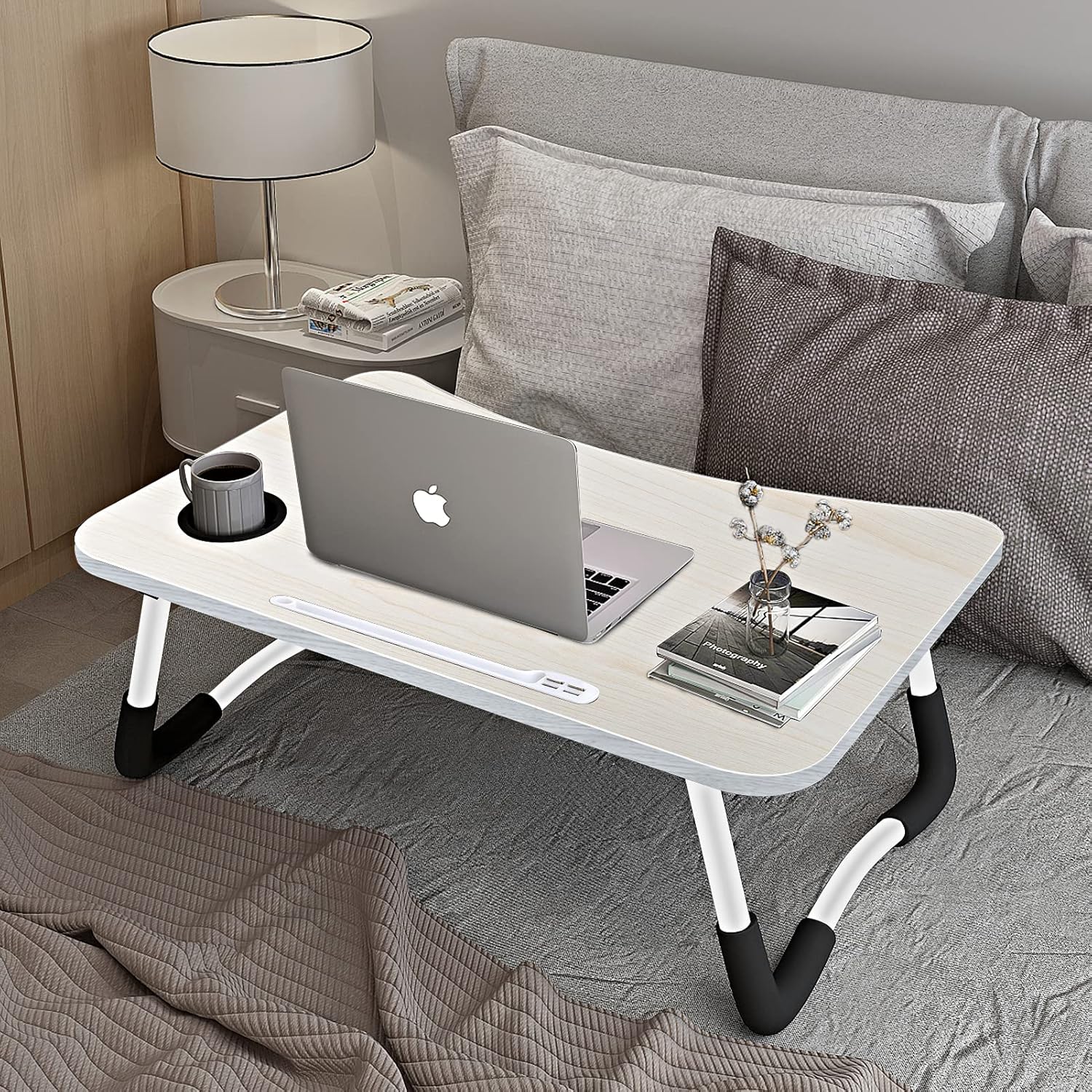 Wood Tone Foldable Laptop Bed Tray 60×40cm, Large Portable Lap Desk with USB Ports, Drawer & Cup Holder for Sofa Floor Study Dining