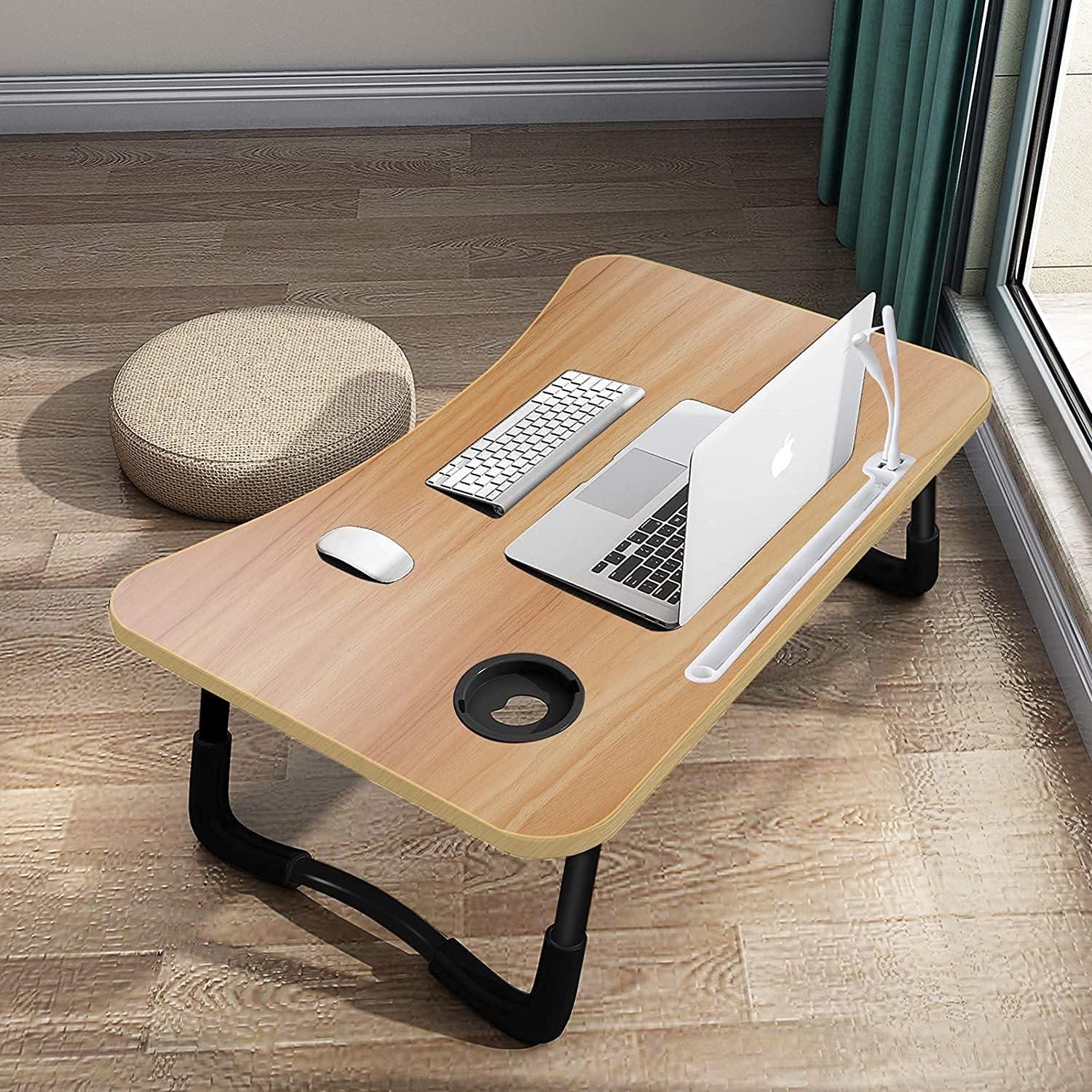 Wood Tone Foldable Laptop Bed Tray 60×40cm, Large Portable Lap Desk with USB Ports, Drawer & Cup Holder for Sofa Floor Study Dining