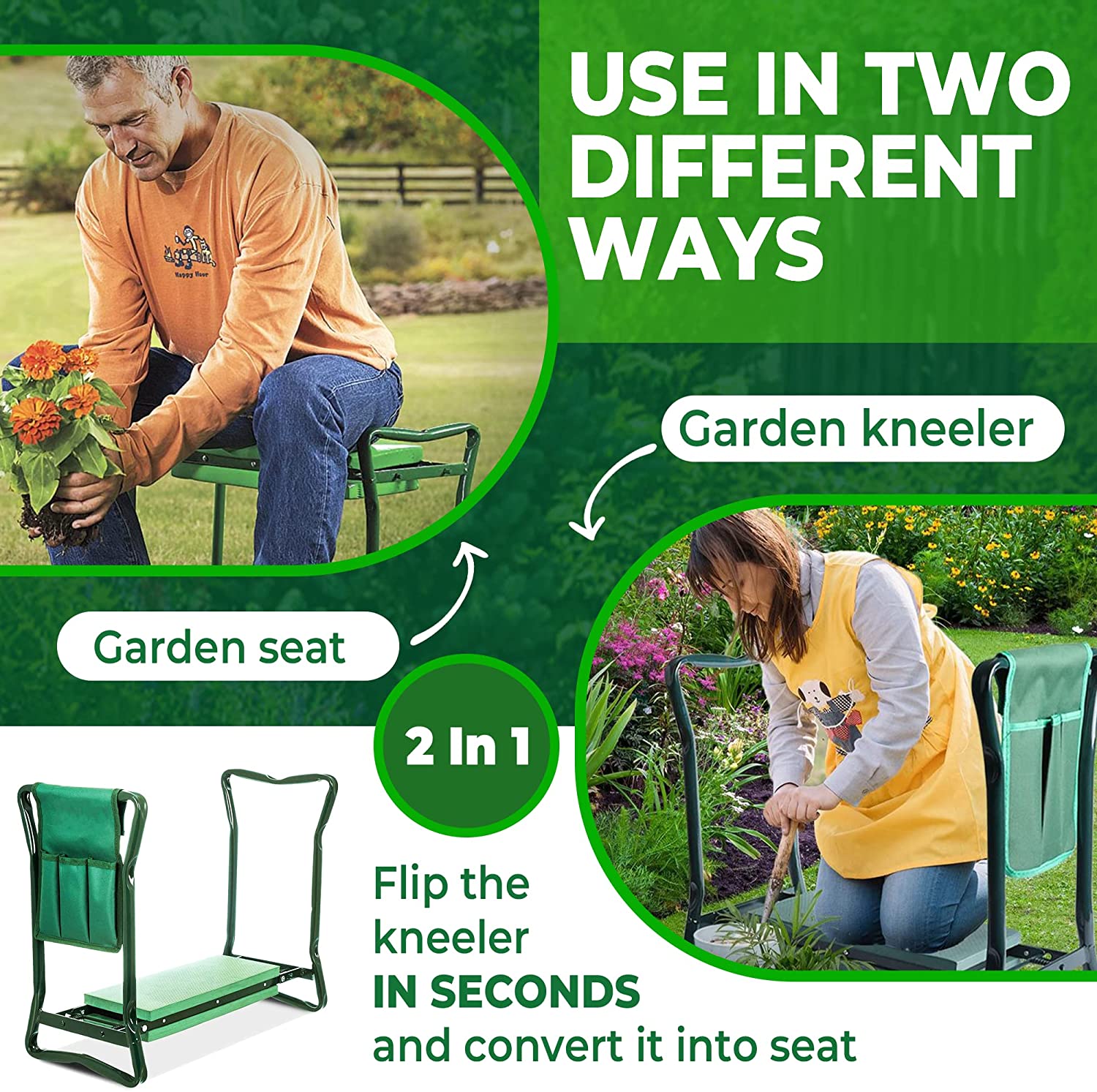 Folding garden stool for sitting and kneeling