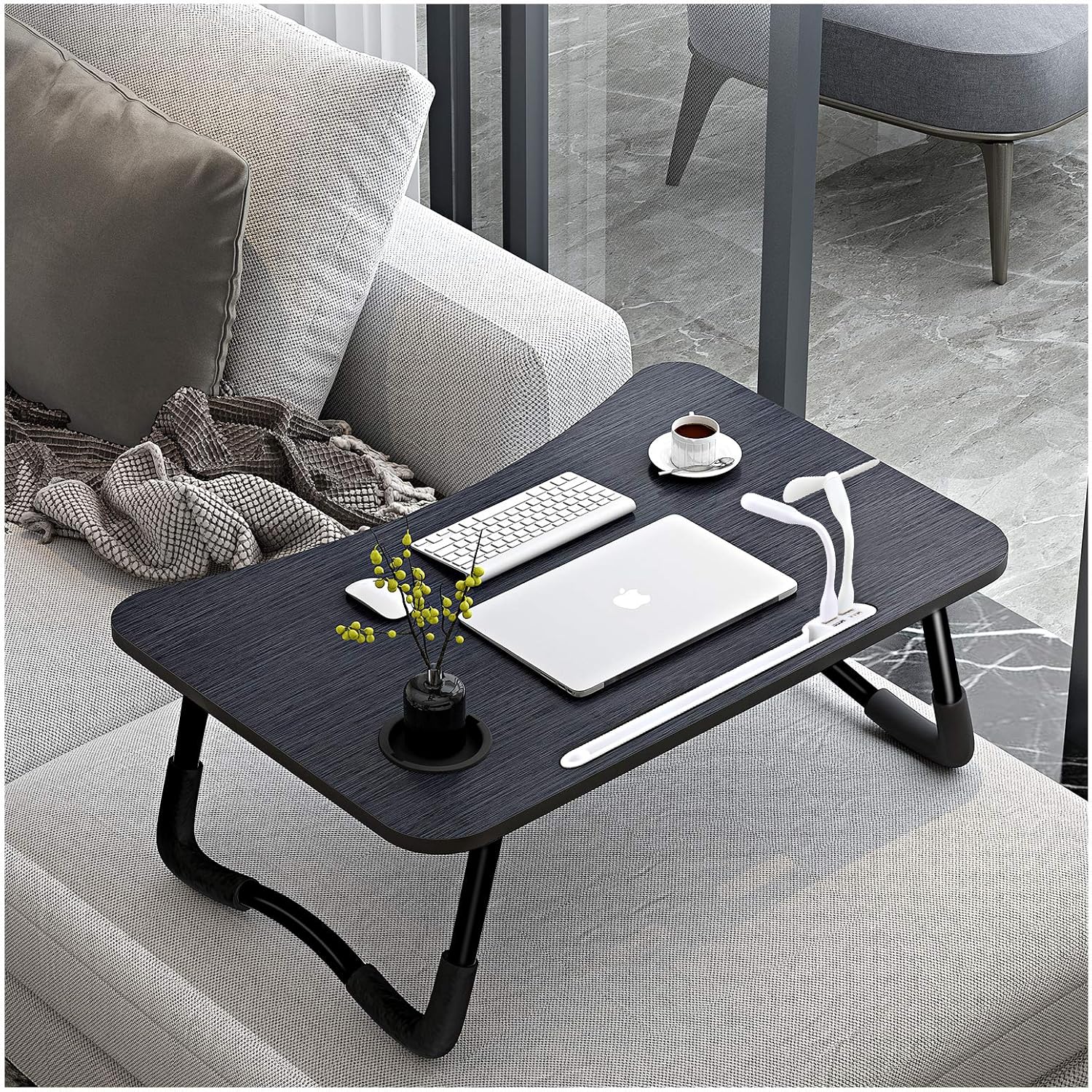Wood Tone Foldable Laptop Bed Tray 60×40cm, Large Portable Lap Desk with USB Ports, Drawer & Cup Holder for Sofa Floor Study Dining