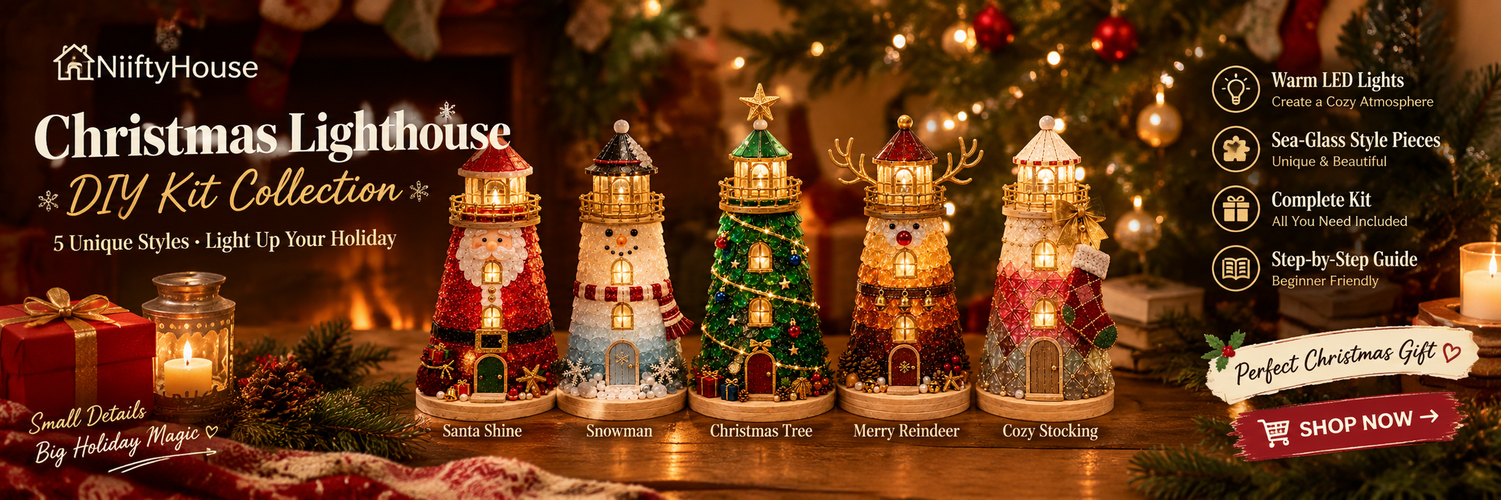 Five Christmas lighthouse styles