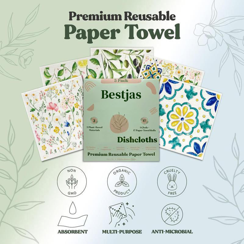 ✨5 Pack Swedish Dishcloths, Reusable Eco-Friendly Cellulose Kitchen Cleaning Cloths, Ultra Absorbent Washable Dish Rags for Washing Dishes & Counter Wiping