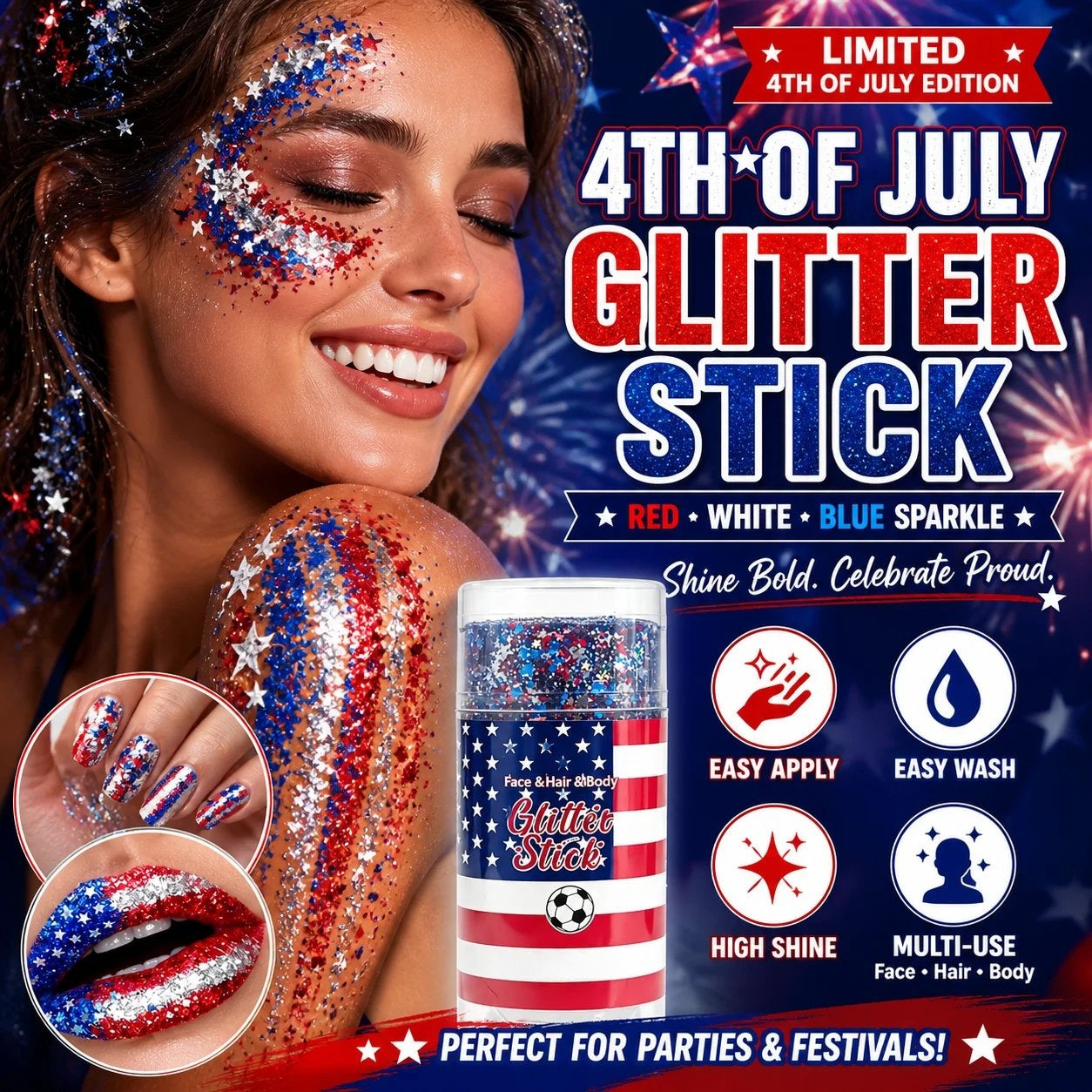 2026 World Cup & America250 Glow Sticks – Shiny Sequins Face & Body Hair Accessories