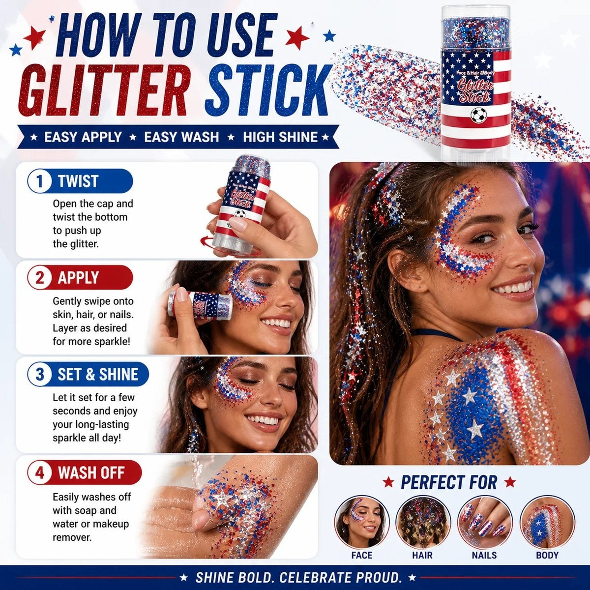 2026 World Cup & America250 Glow Sticks – Shiny Sequins Face & Body Hair Accessories