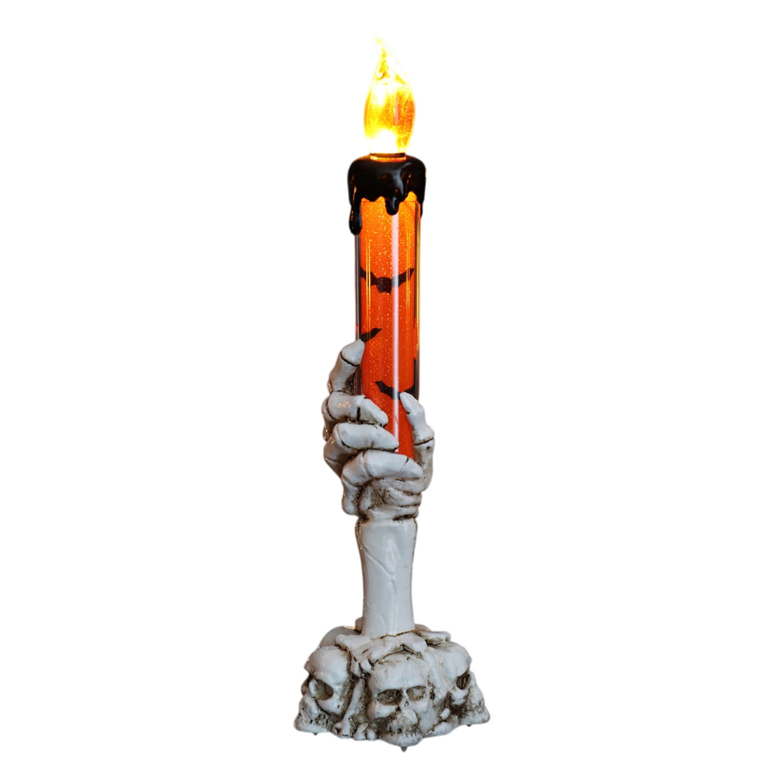 Twfbrm Halloween Candle Light, Halloween Decorations Flameless Taper Candle with Skeleton Hand Holder, Battery Operated LED Flickering Candles Dripping Wax Effect Pillar Candles for Party Wedding
