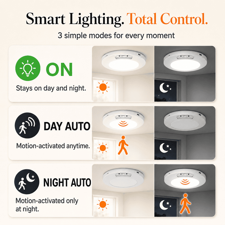  Motion Sensor Rechargeable Ceiling Light , 3 Color Modes, Motion Sensor with Remote, Wireless Battery-Operated Magnetic LED Lights for Shower, Closet, Pantry, Shed, Hallway, Porch, Garage