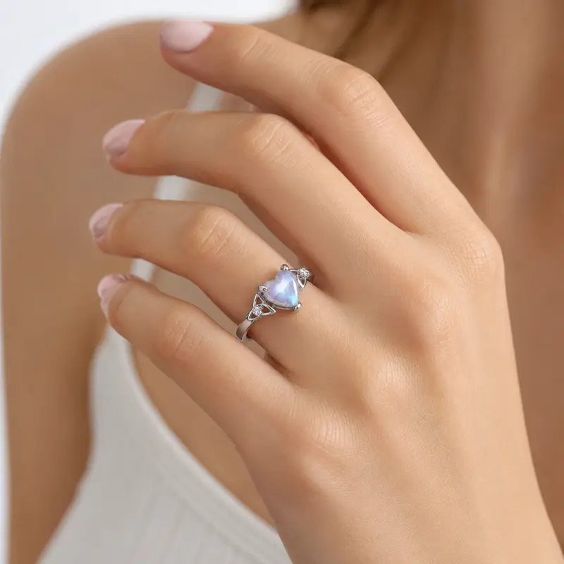 925 Heart Synthetic Moonstone Celtic Ring with 'Endless Love' Engraving, Elegant and Romantic Moon Knot Ring Women's Jewelry for Lover, Perfect Gift for Girls, Engagement Wedding Ring, for Daily Wear and Party, Christmas Gift