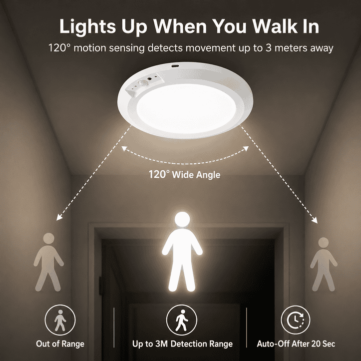  Motion Sensor Rechargeable Ceiling Light , 3 Color Modes, Motion Sensor with Remote, Wireless Battery-Operated Magnetic LED Lights for Shower, Closet, Pantry, Shed, Hallway, Porch, Garage