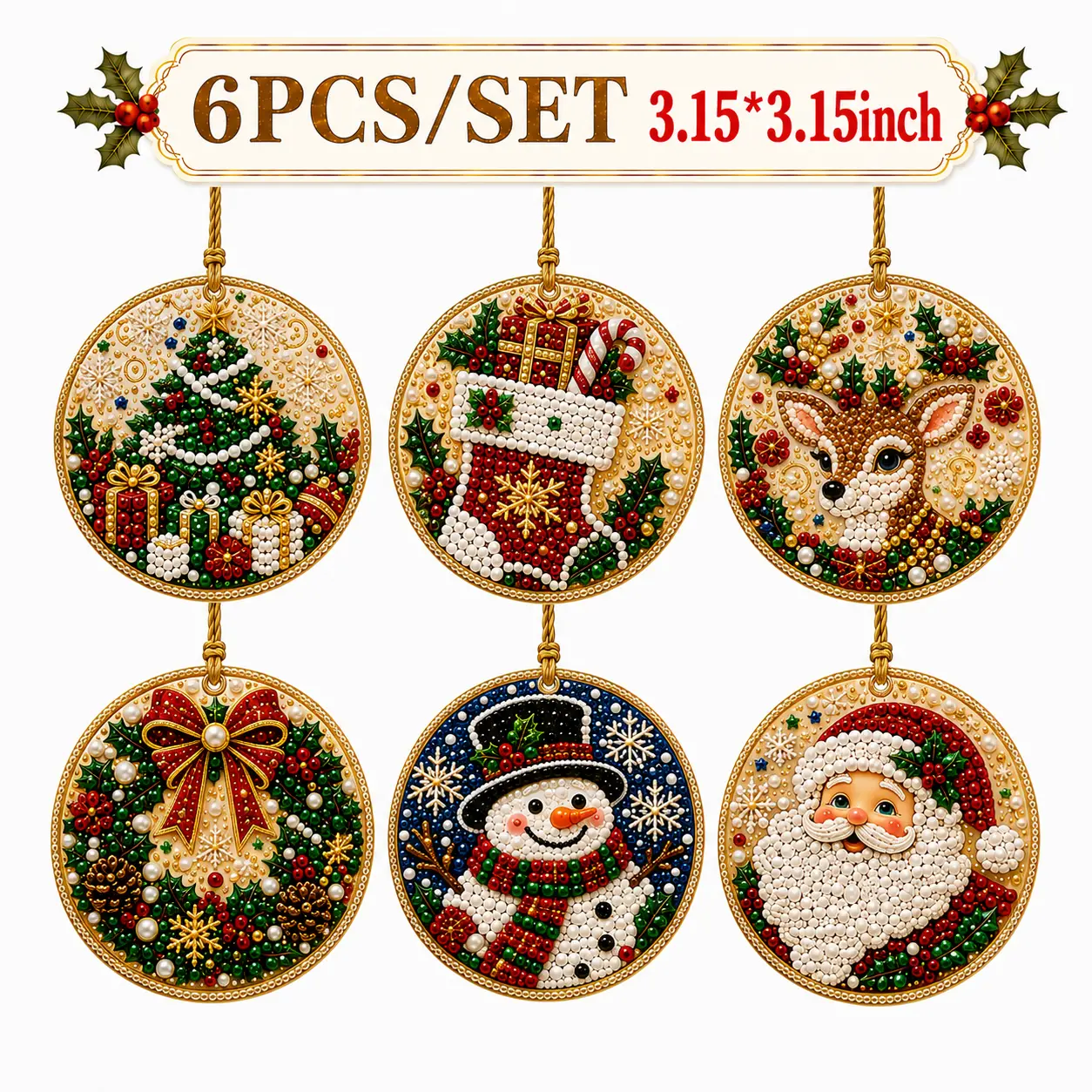 6Pcs/12Pcs Christmas DIY Diamond Painting Ornaments Kit for Holiday Home Decor