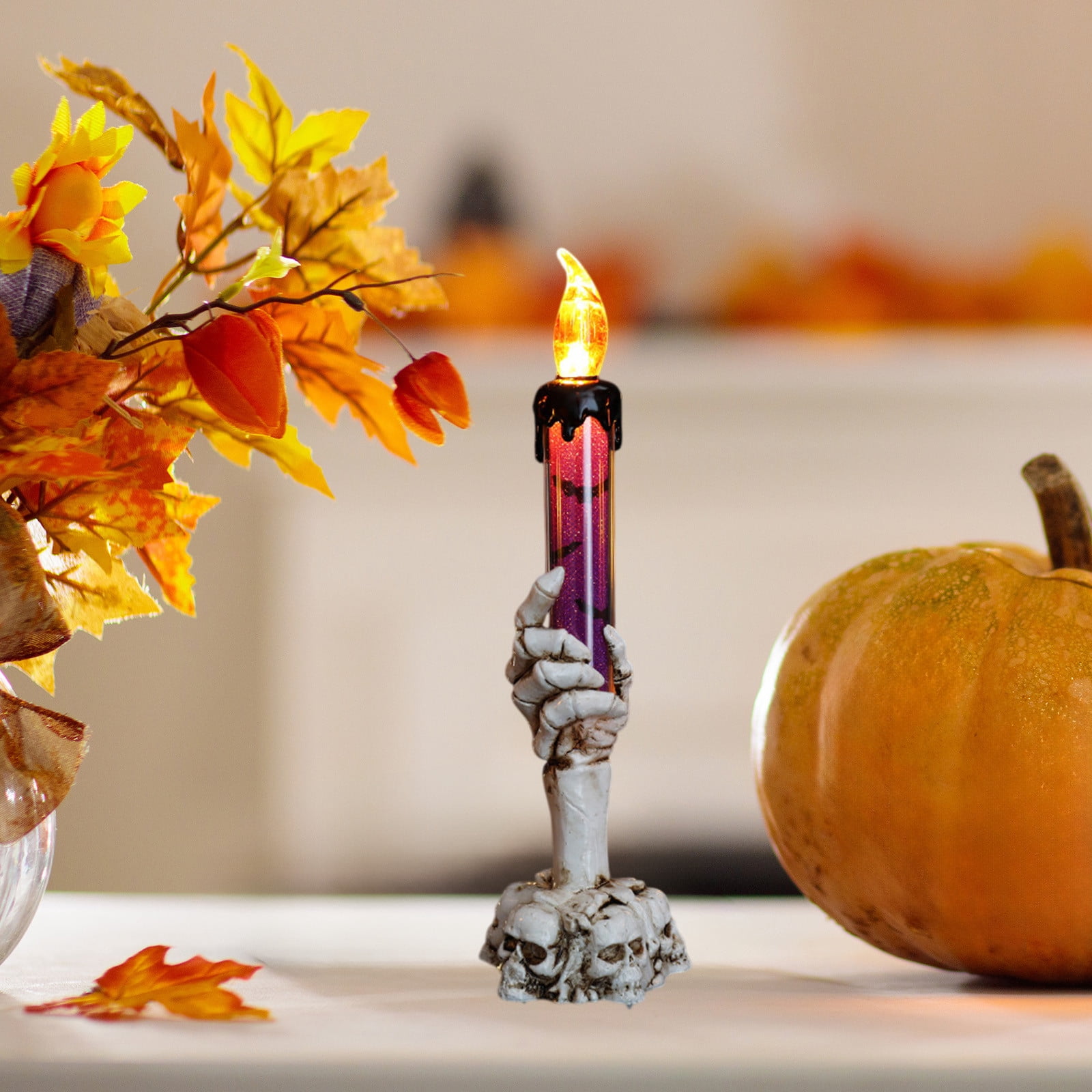 Twfbrm Halloween Candle Light, Halloween Decorations Flameless Taper Candle with Skeleton Hand Holder, Battery Operated LED Flickering Candles Dripping Wax Effect Pillar Candles for Party Wedding