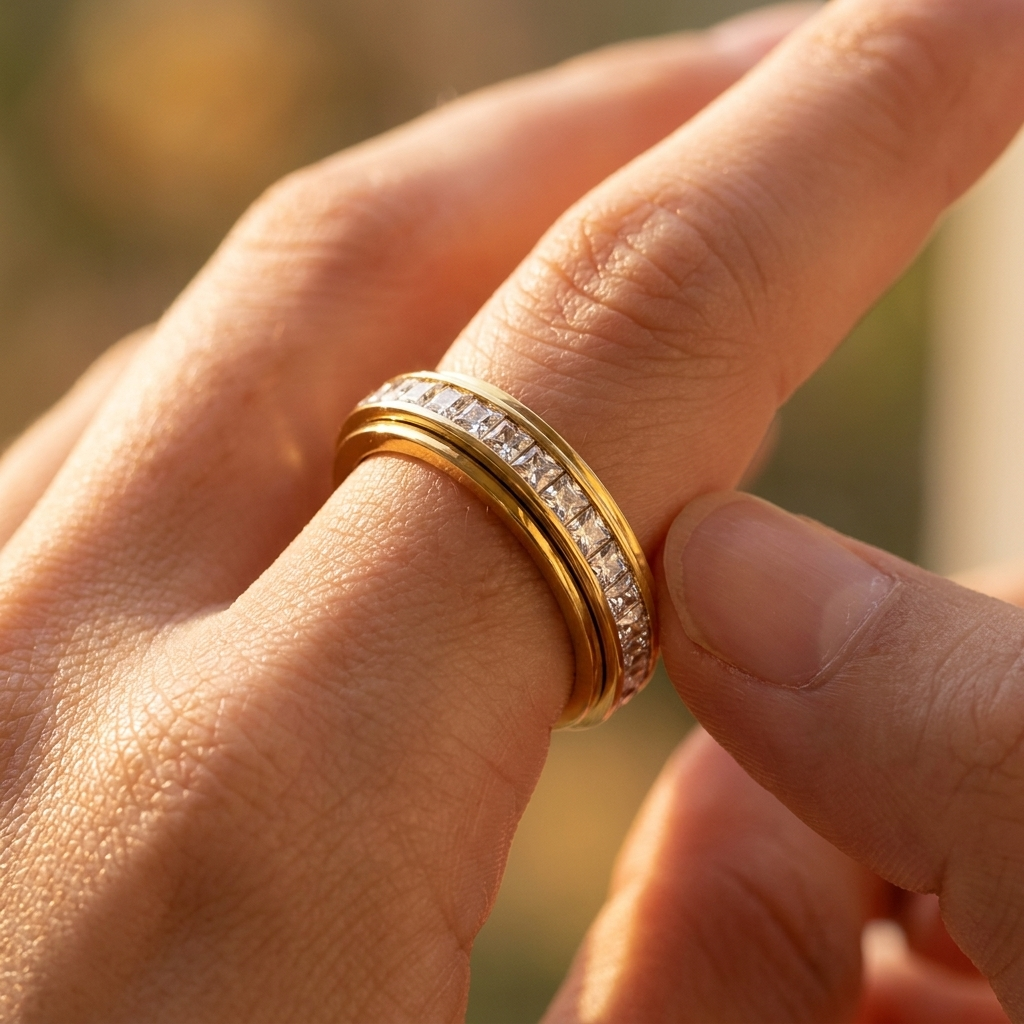 Rotating Anxiety Ring – Spinning CZ Fidget Ring, Titanium Steel