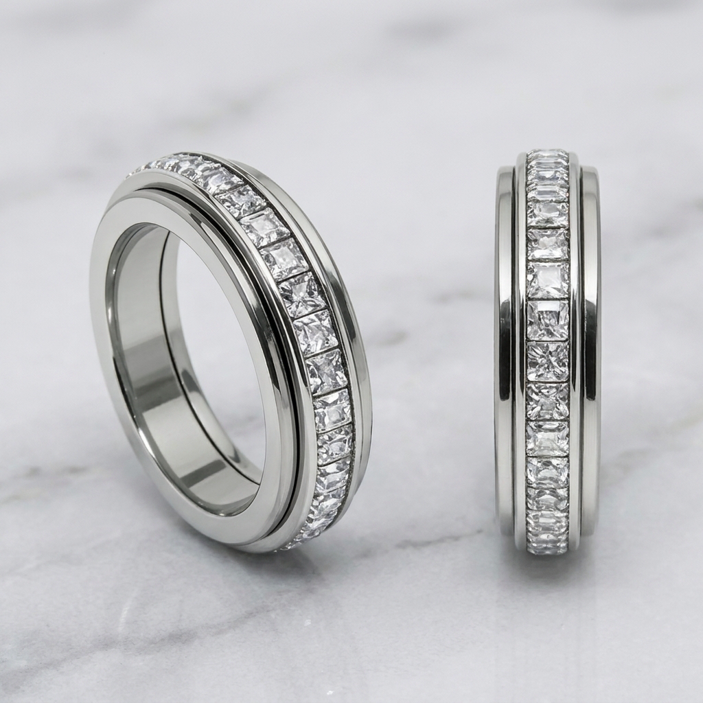 Rotating Anxiety Ring – Spinning CZ Fidget Ring, Titanium Steel