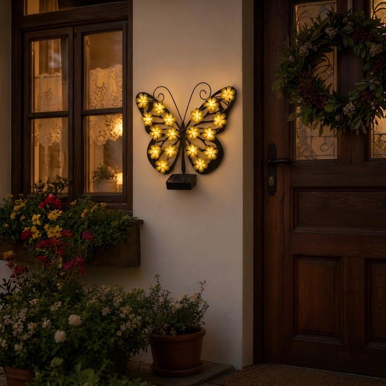 Solar Butterfly Garden Light, Metal Butterfly Wall Decor, Outdoor LED Flower Light, Yard Fence Patio Decor, Waterproof Hanging Light