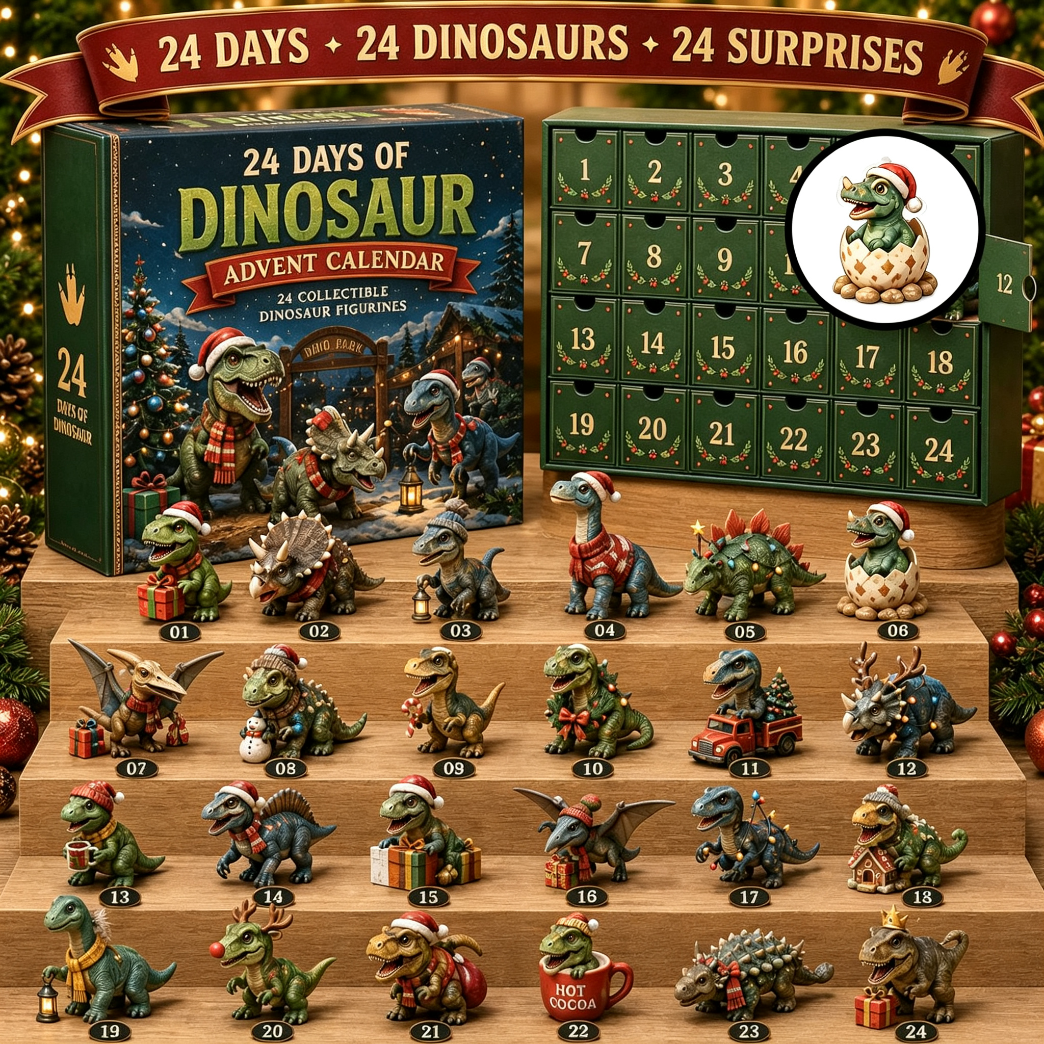 🦖24 Days of Dinosaur Christmas Advent Calendar – 24 Collectible Dino Figurines Holiday Surprises