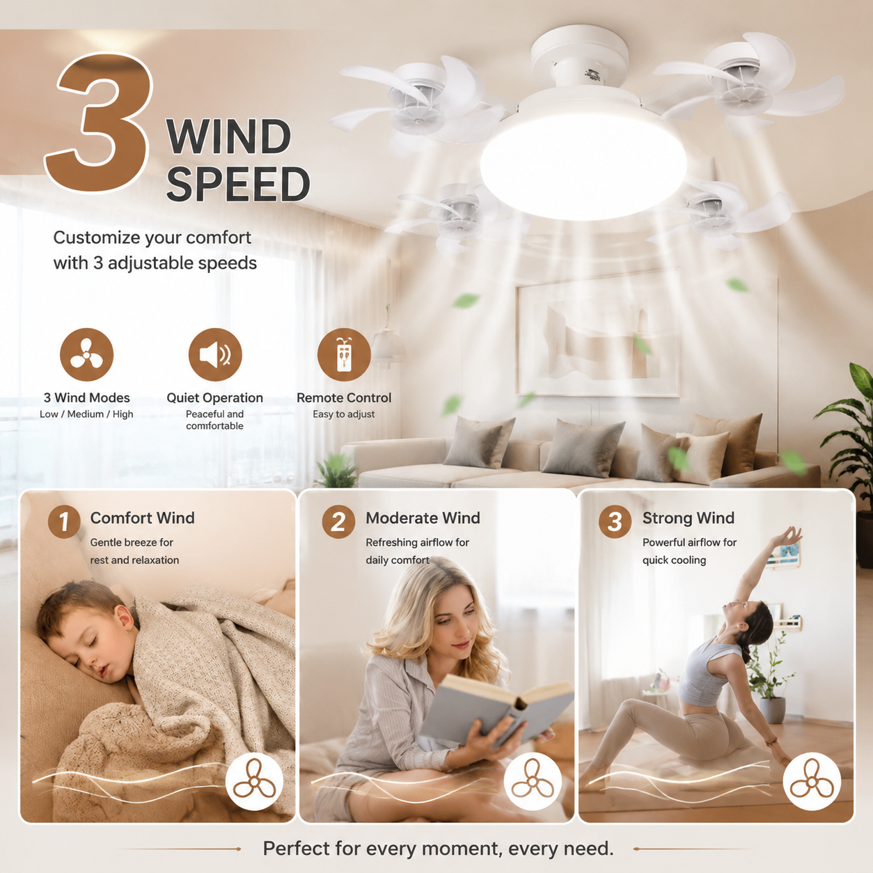 19.69" Retractable Ceiling Fan Light with Remote | E26/E27 Screw-in LED Fan Lamp, 4 Foldable Fan Heads, Quiet Ventilation & Bright Lighting