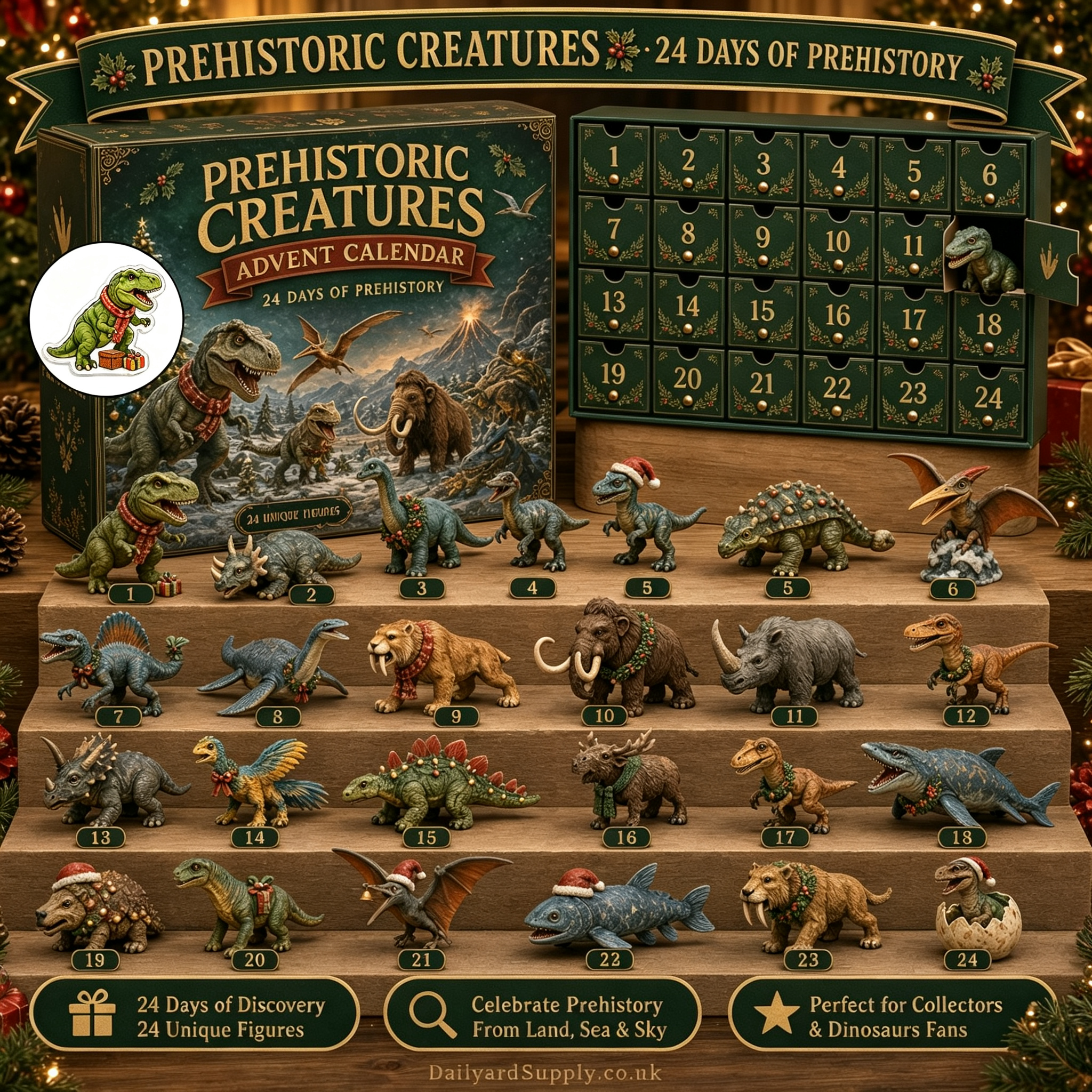 🦖24 Days of Dinosaur Christmas Advent Calendar – 24 Collectible Dino Figurines Holiday Surprises