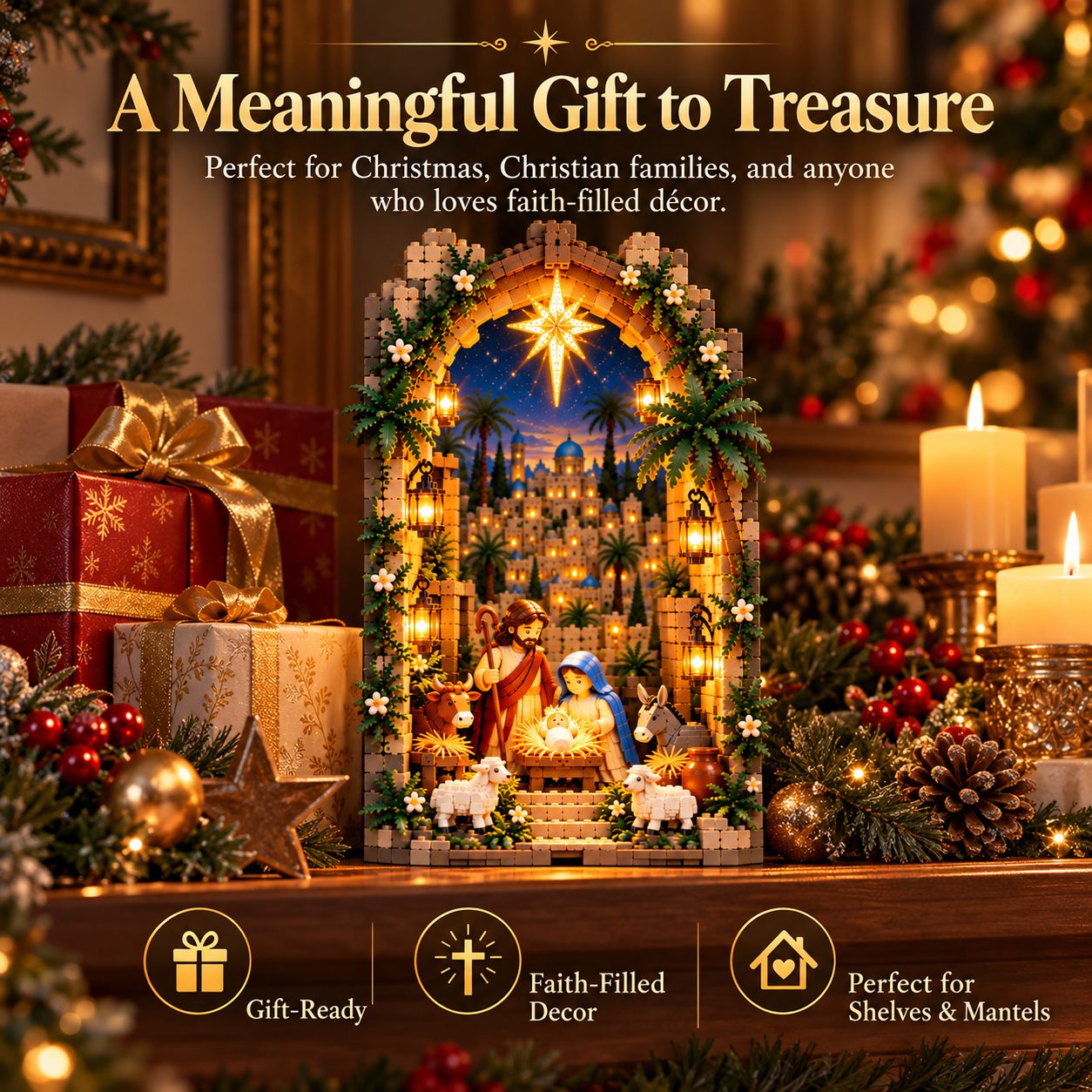 Lighted Bethlehem Nativity Book Nook arranged as a Christmas gift display