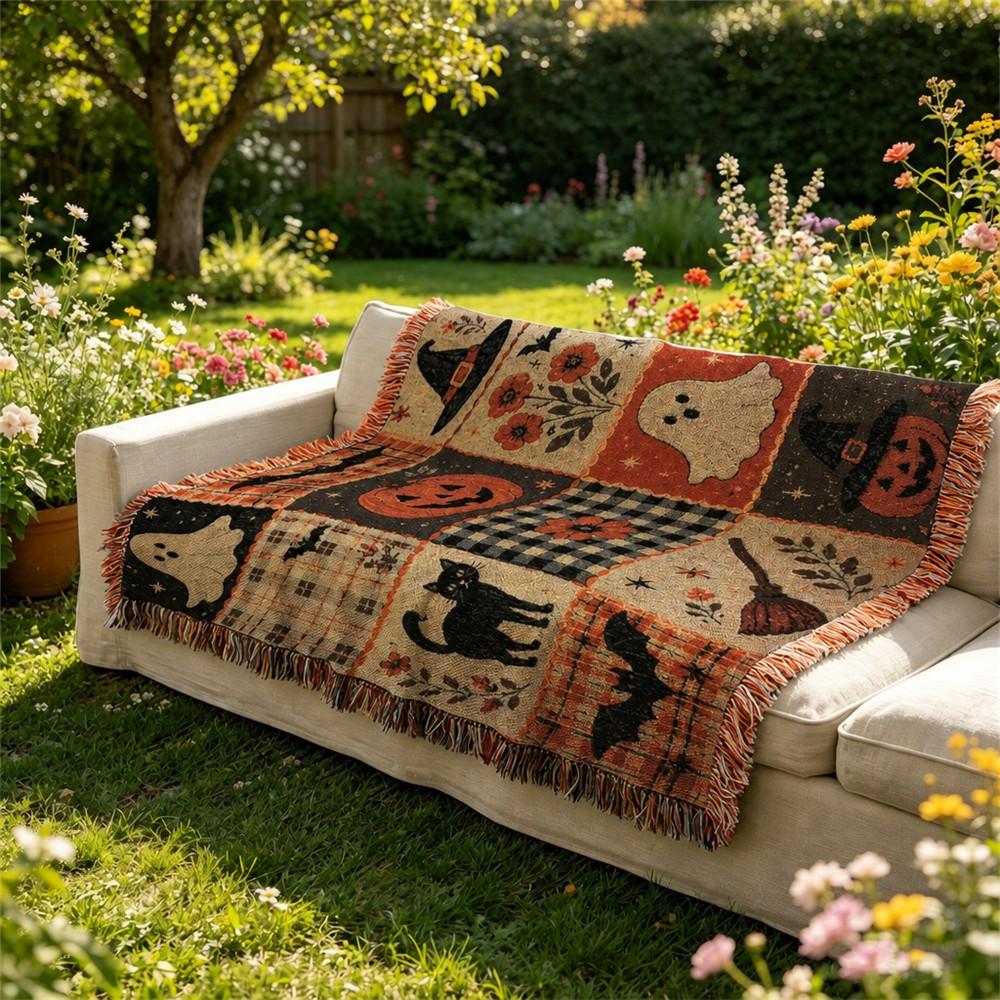 Halloween Patchwork Style Woven Blanket with Tassel Bed Blanket, Multi-Function Also for Sofa Cover Couch Throw Blanket Armchair Home Decor Room Wall Art Tapestry Furniture Slipcover Tablecloth Shawl Outdoor Picnic Camping Beach Towel Office Nap Hippie