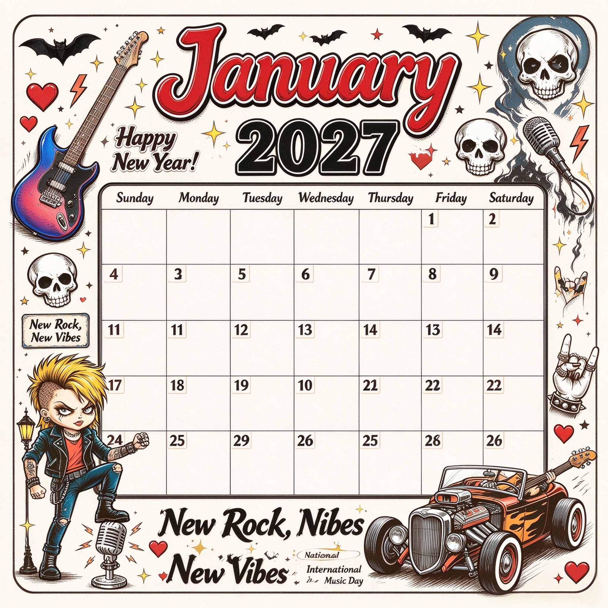 Rebel Rock 2027 Vintage Punk Rock Wall Calendar
