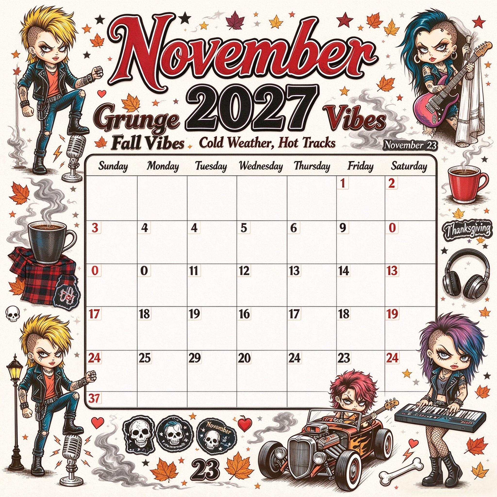 Rebel Rock 2027 Vintage Punk Rock Wall Calendar
