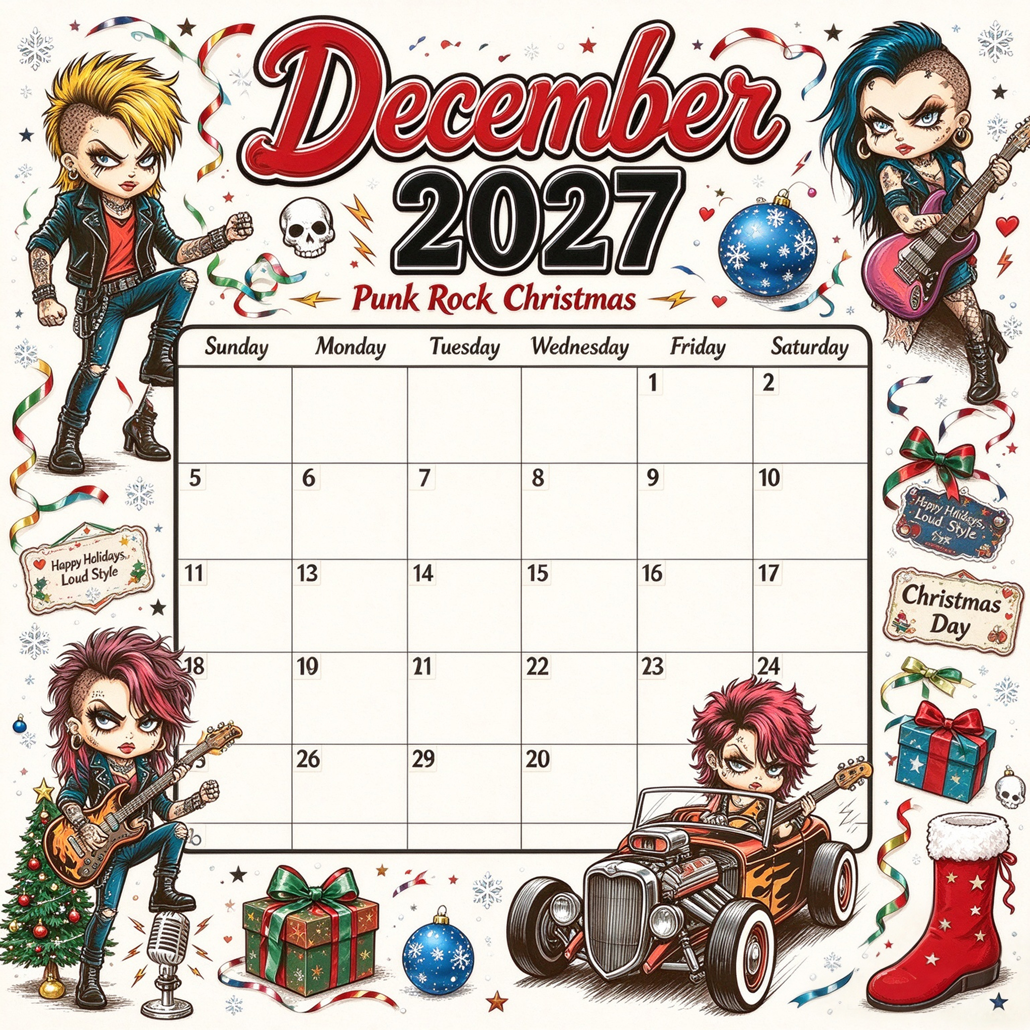 Rebel Rock 2027 Vintage Punk Rock Wall Calendar
