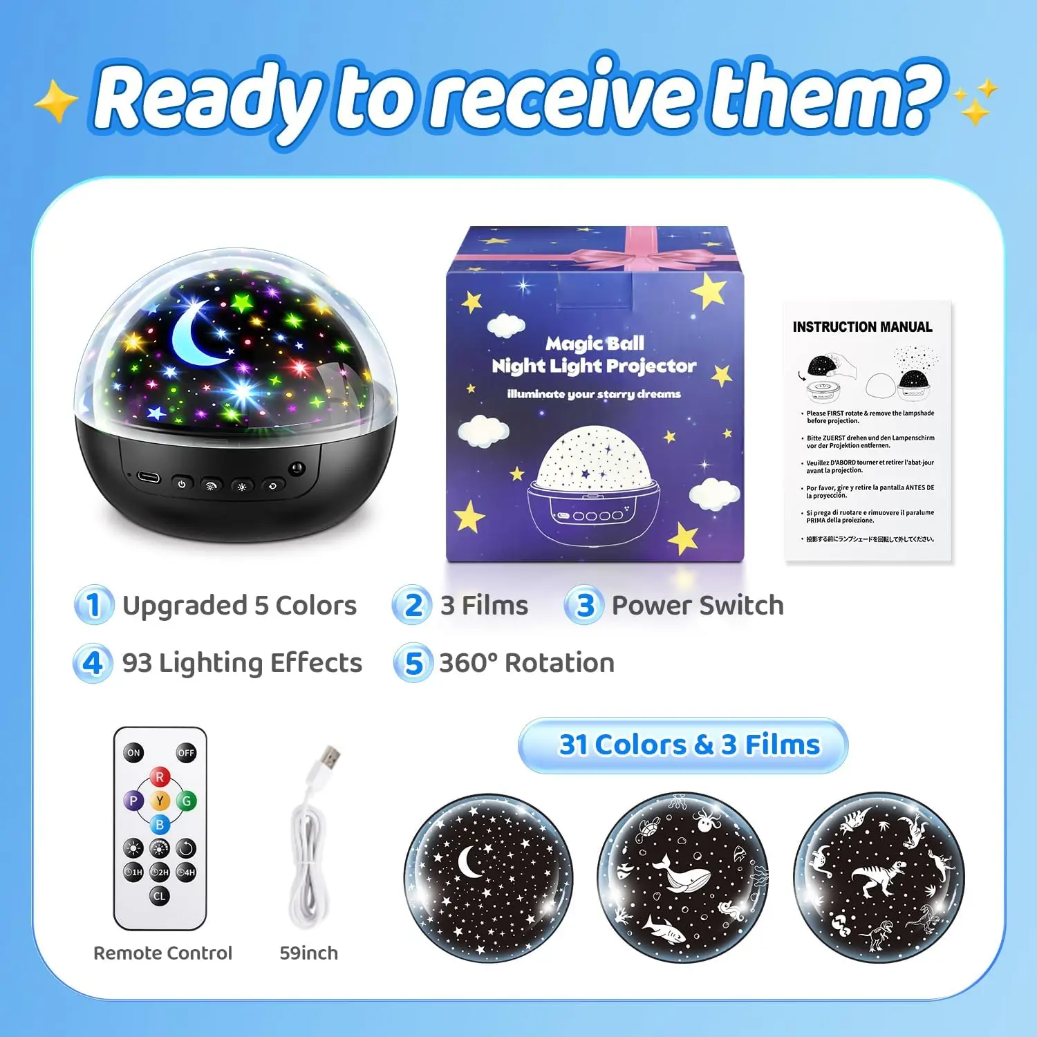 OneFire Kids Night Light Projector with Films & Dimmable Stars