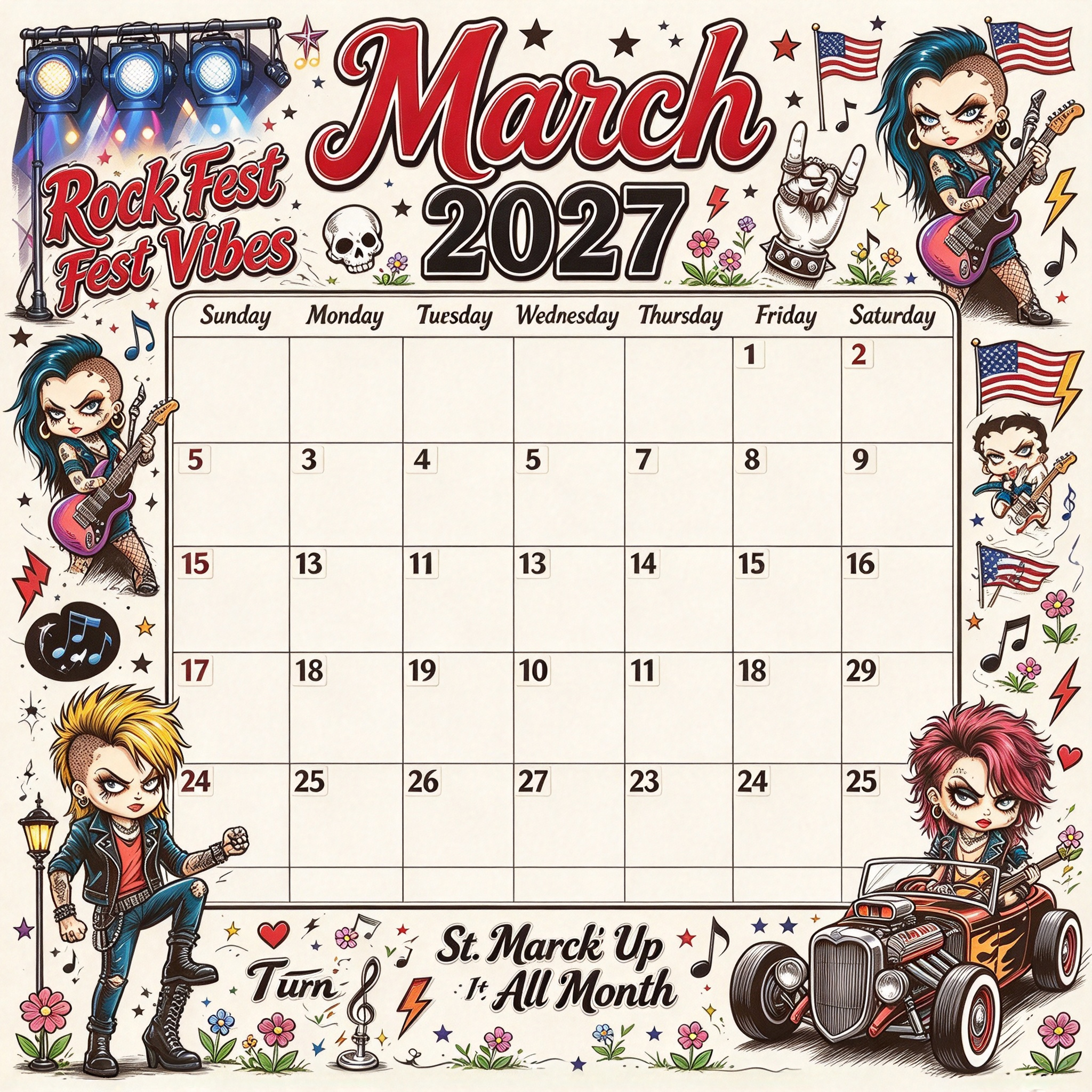 Rebel Rock 2027 Vintage Punk Rock Wall Calendar