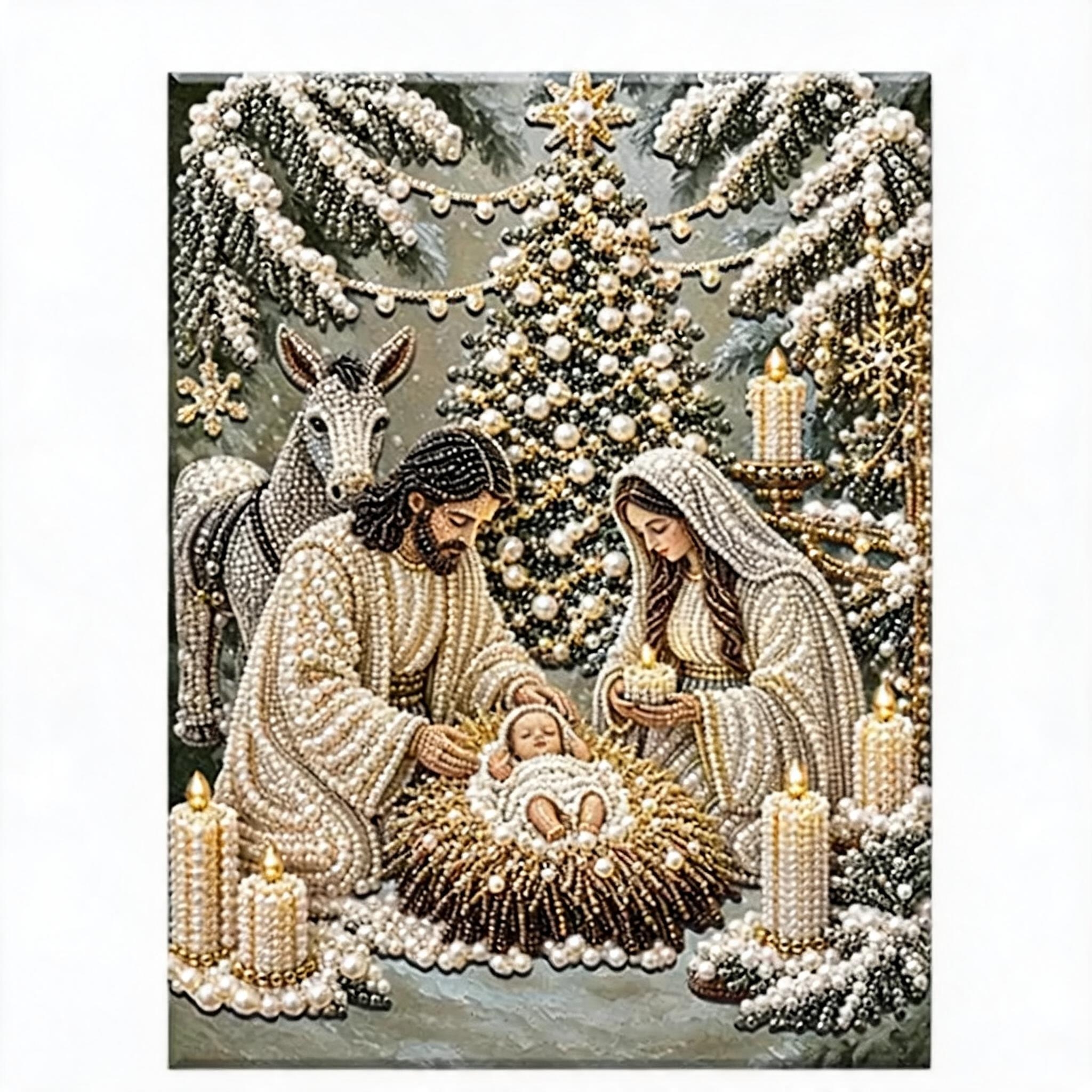 DIY Pearl Diamond Painting Kit | Holy Family Nativity Jesus Virgin Mary Religious Wall Art, 5D Special Shape Crystal Pearl Gem Mosaic Craft, Framed Christian Religious Diamond Art Kit for Home Decor Gift