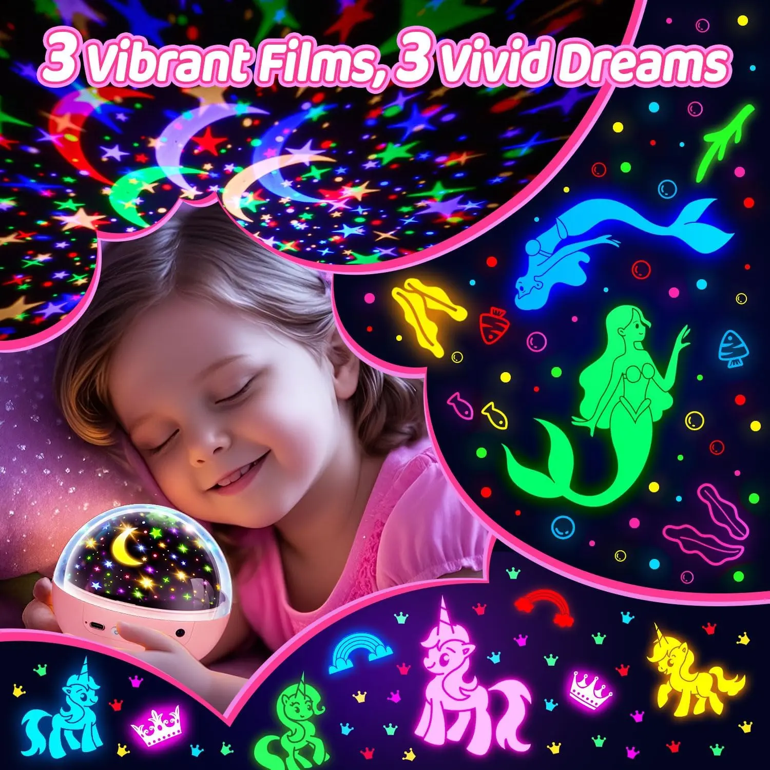OneFire Kids Night Light Projector with Films & Dimmable Stars
