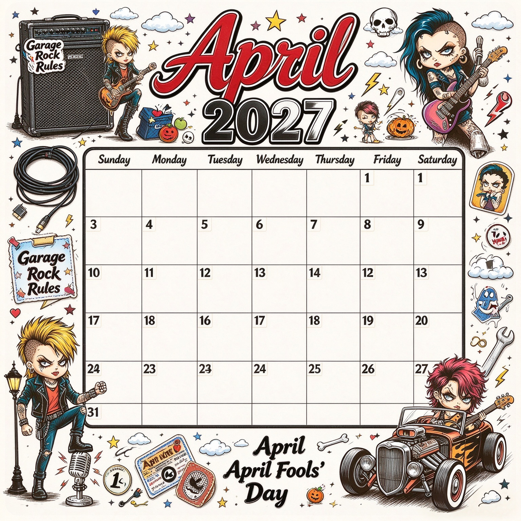 Rebel Rock 2027 Vintage Punk Rock Wall Calendar