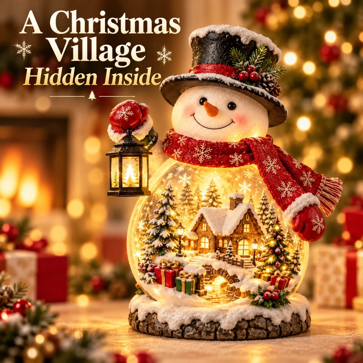 Christmas village snowman lamp with an illuminated miniature holiday village