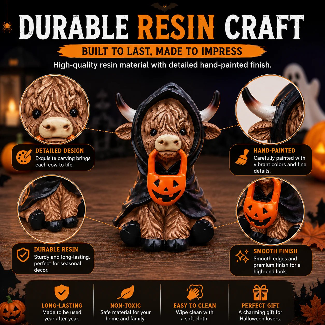 Durable Resin Halloween Highland Cow Decoration
