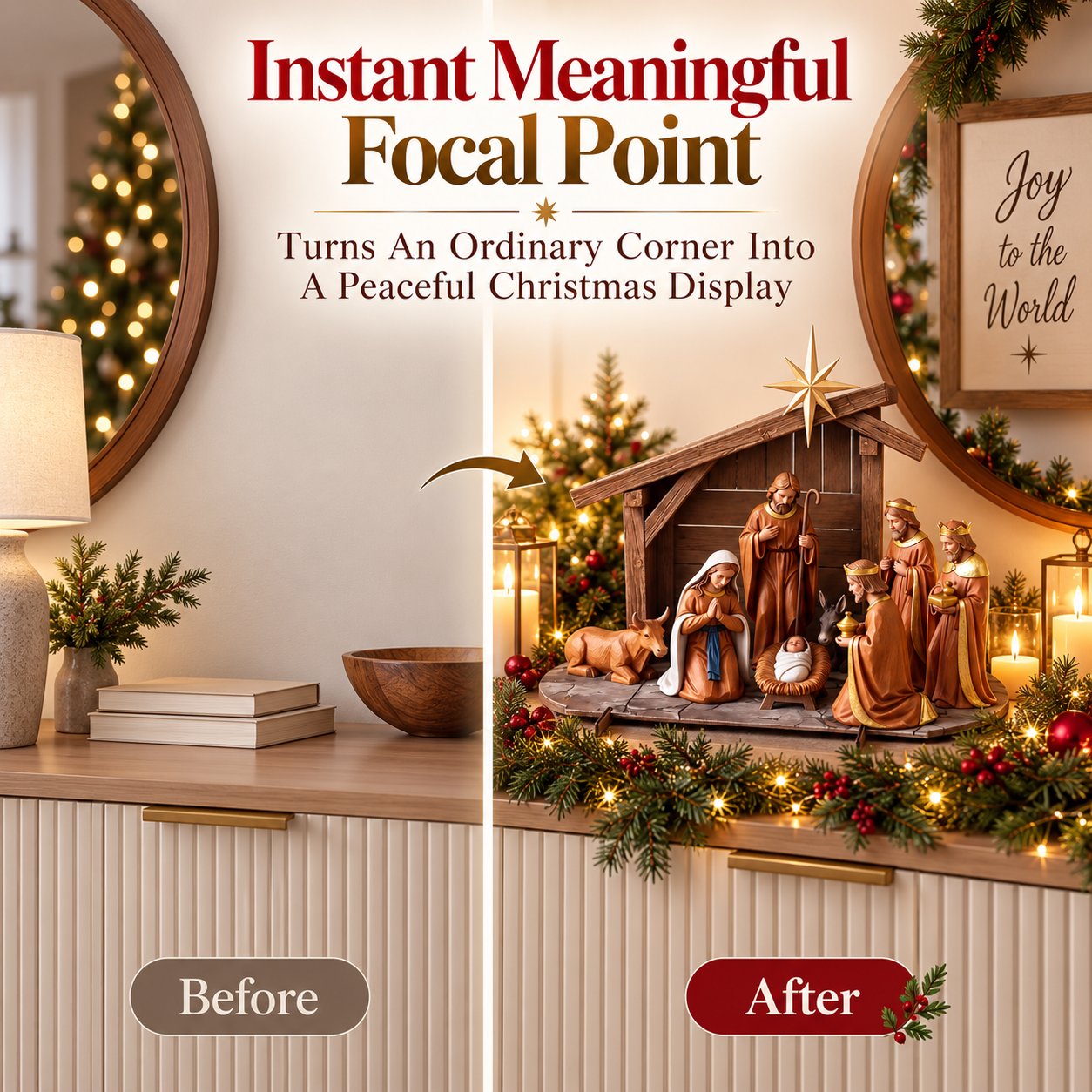 Before and after Christmas tabletop decorating