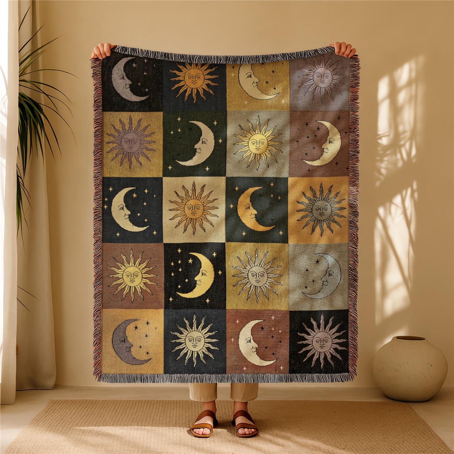 Halloween Patchwork Style Woven Blanket with Tassel Bed Blanket, Multi-Function Also for Sofa Cover Couch Throw Blanket Armchair Home Decor Room Wall Art Tapestry Furniture Slipcover Tablecloth Shawl Outdoor Picnic Camping Beach Towel Office Nap Hippie