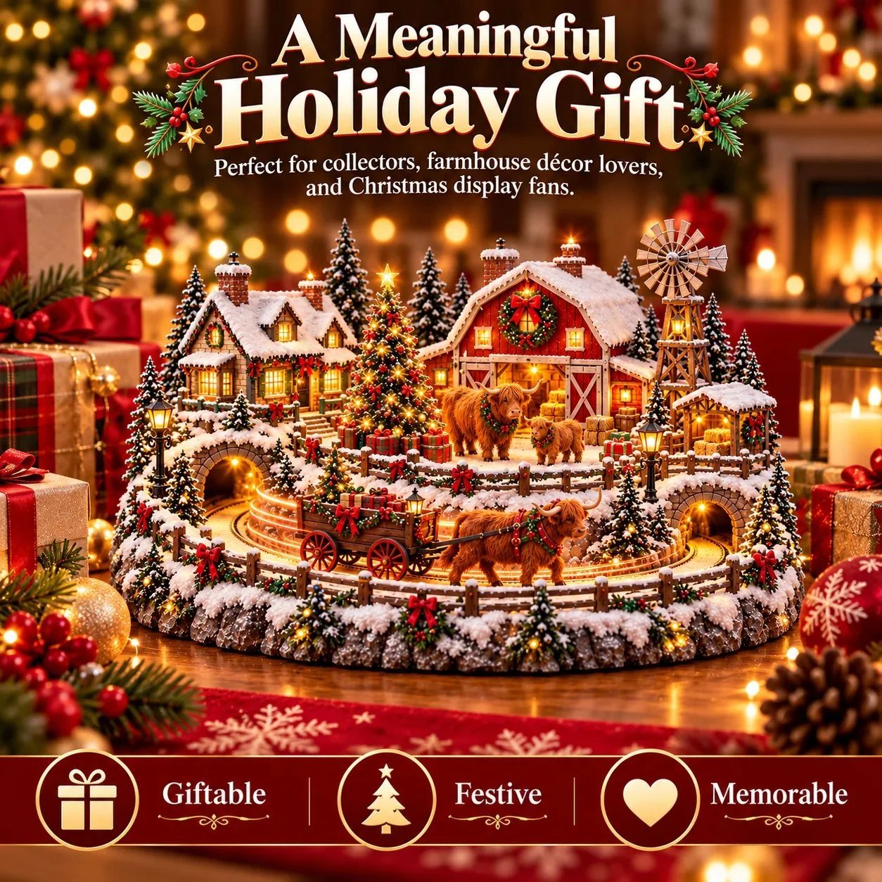 🐮 Light-Up Highland Cow Christmas Village – Festive Farmhouse Decor
