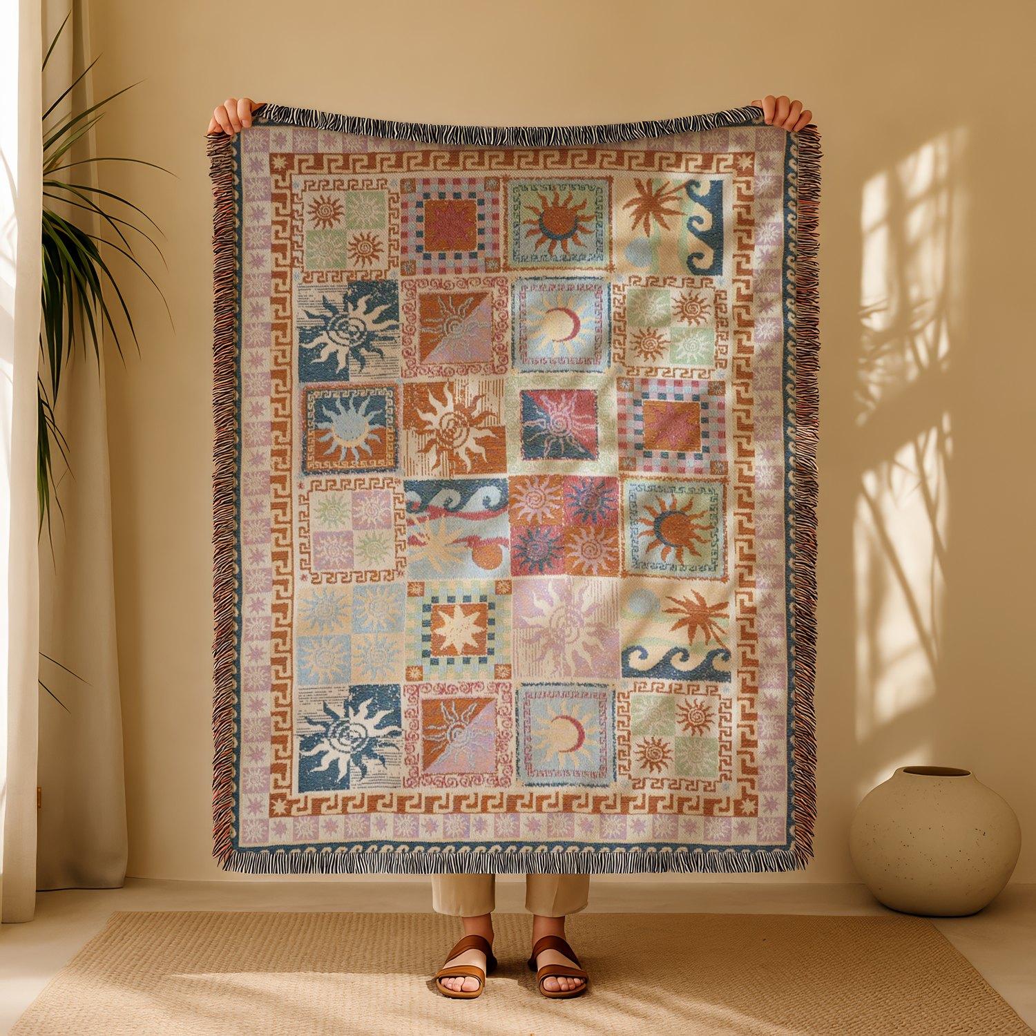 Halloween Patchwork Style Woven Blanket with Tassel Bed Blanket, Multi-Function Also for Sofa Cover Couch Throw Blanket Armchair Home Decor Room Wall Art Tapestry Furniture Slipcover Tablecloth Shawl Outdoor Picnic Camping Beach Towel Office Nap Hippie