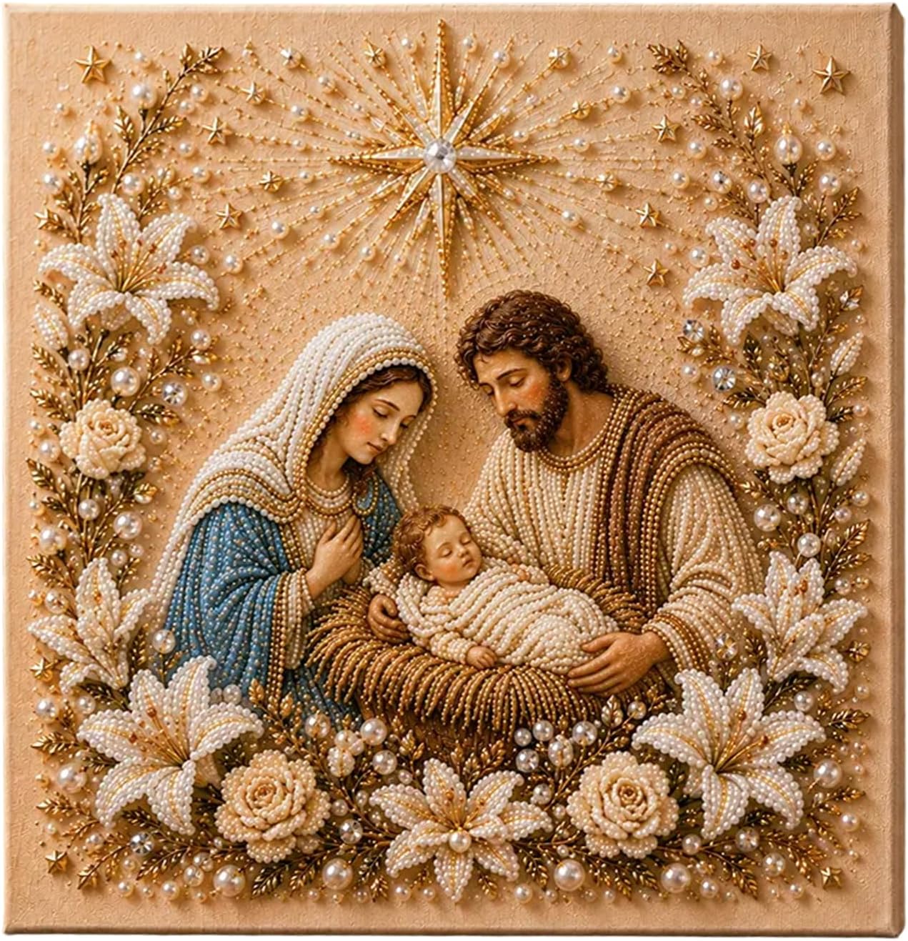 DIY Jesus Pearl Art Kit, 5D Special Shape Diamond Painting for Adults, Religious Wall Art Frame, Christian Mosaic Craft Kit, Christ Pearl Gem Painting Crafts 10X10 Inch (Nativity of Jesus)